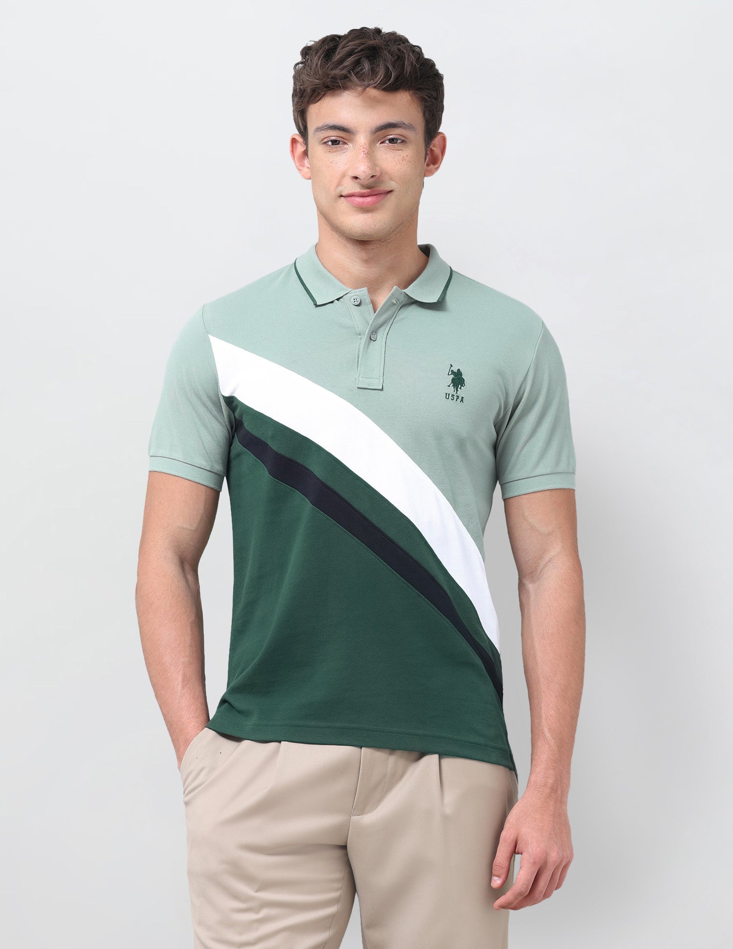 Colourblocked Regular Fit Polo Shirt Light Green - U.S. Polo Assn. India | Large
