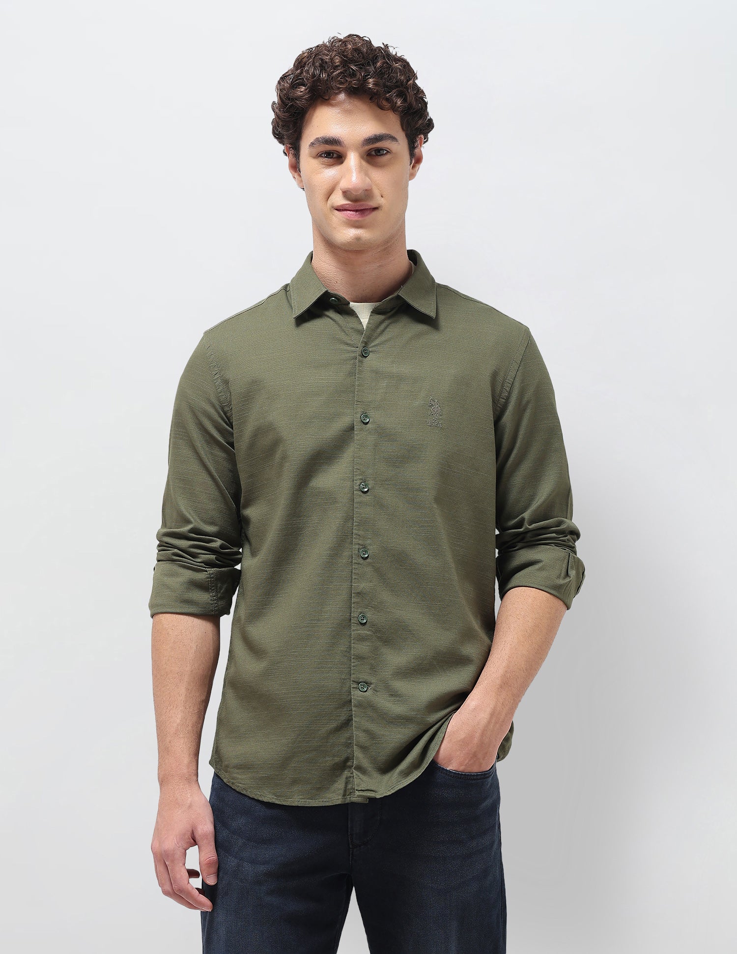 Textured Regular Fit Shirt Olive - U.S. Polo Assn. India | Large