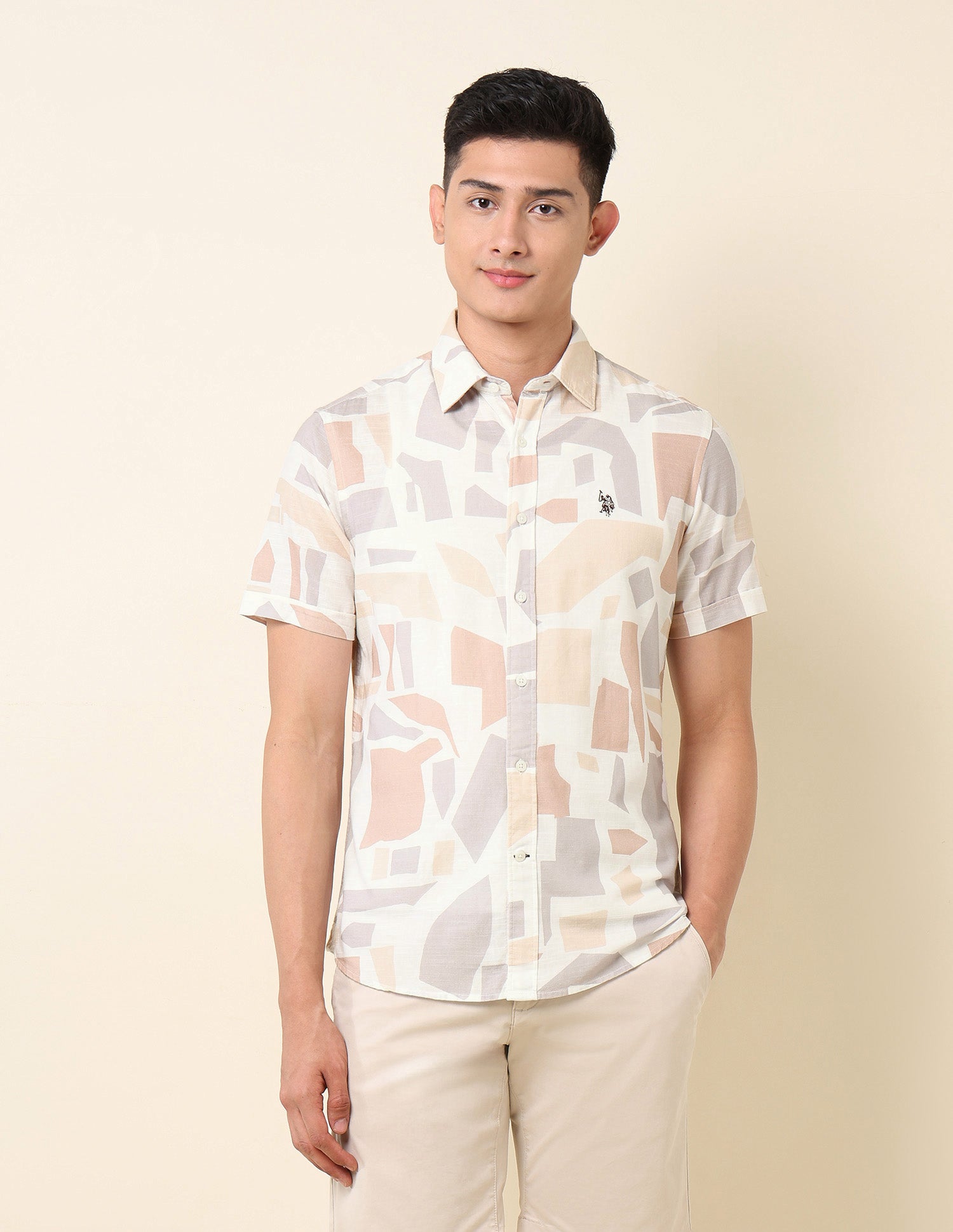 Geometric Printed Pure Cotton Shirt Beige - U.S. POLO ASSN. | Large