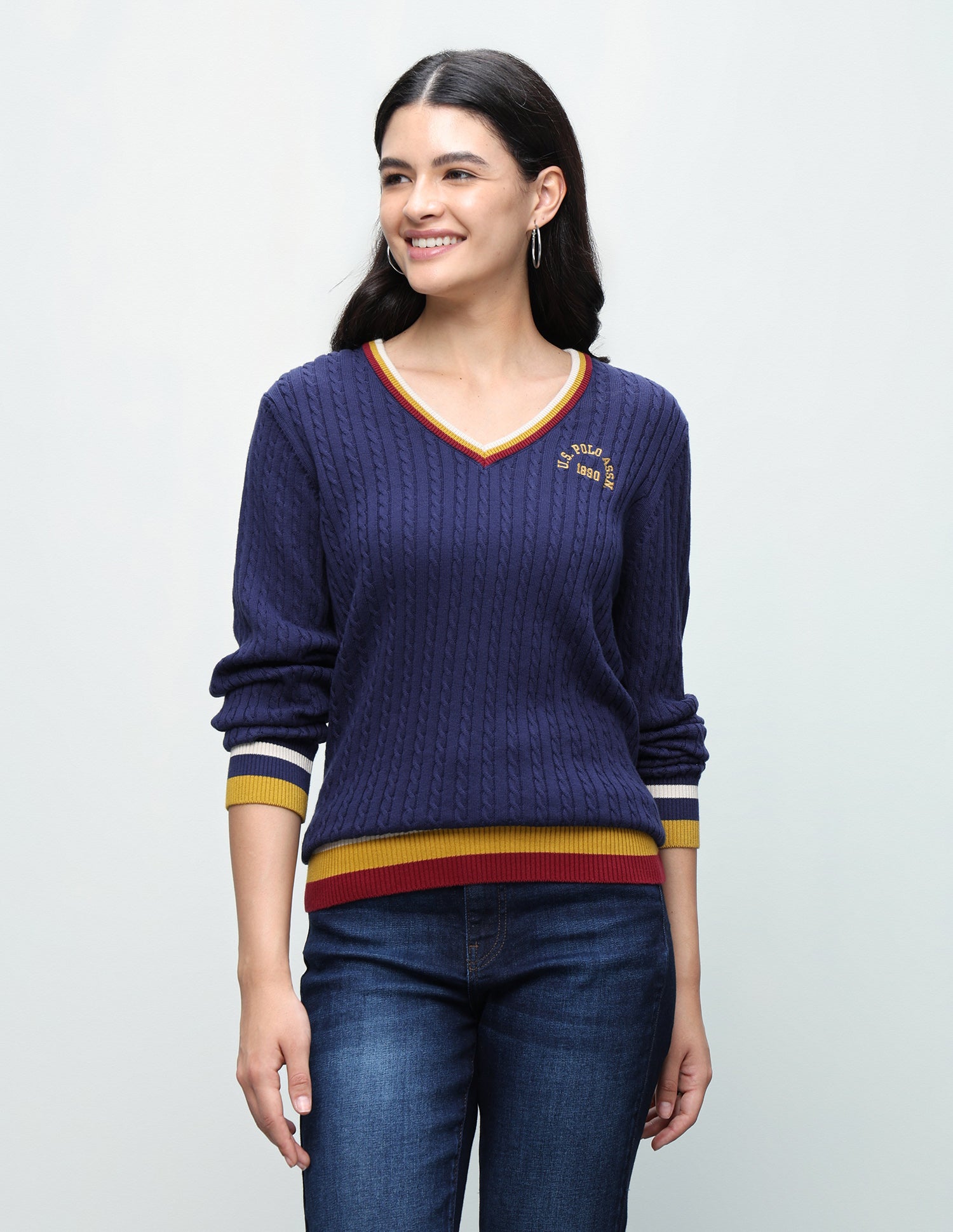 Cable Patterned Knit Regular Fit Sweater Navy - U.S. Polo Assn. India | Large