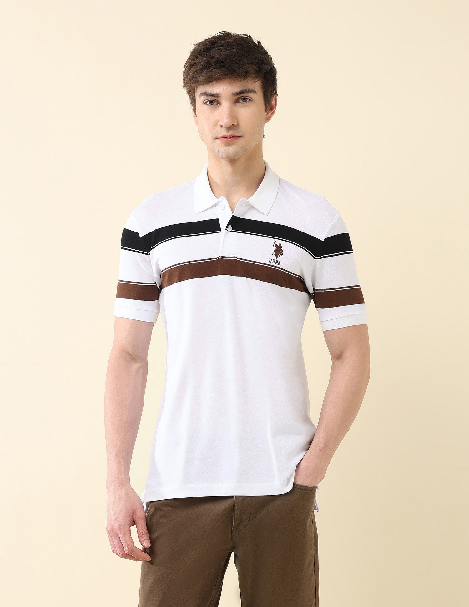 Horizontal Striped Modern Monochrome Polo Shirt White - U.S. Polo Assn. India | Large