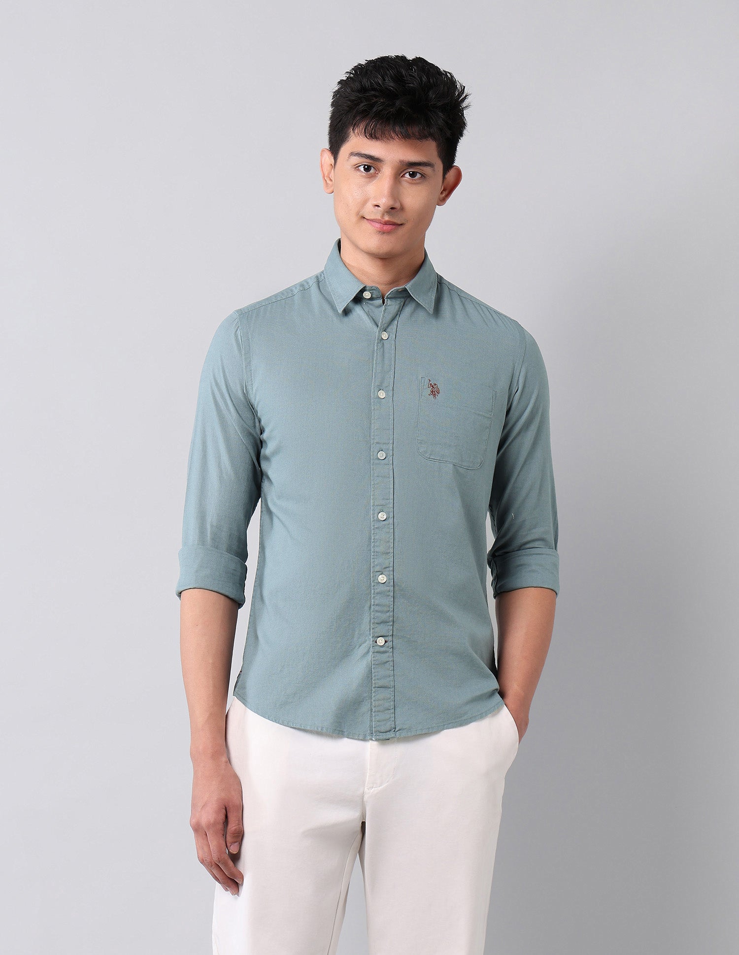 Solid Pure Cotton Shirt Teal - U.S. Polo Assn. India | Large