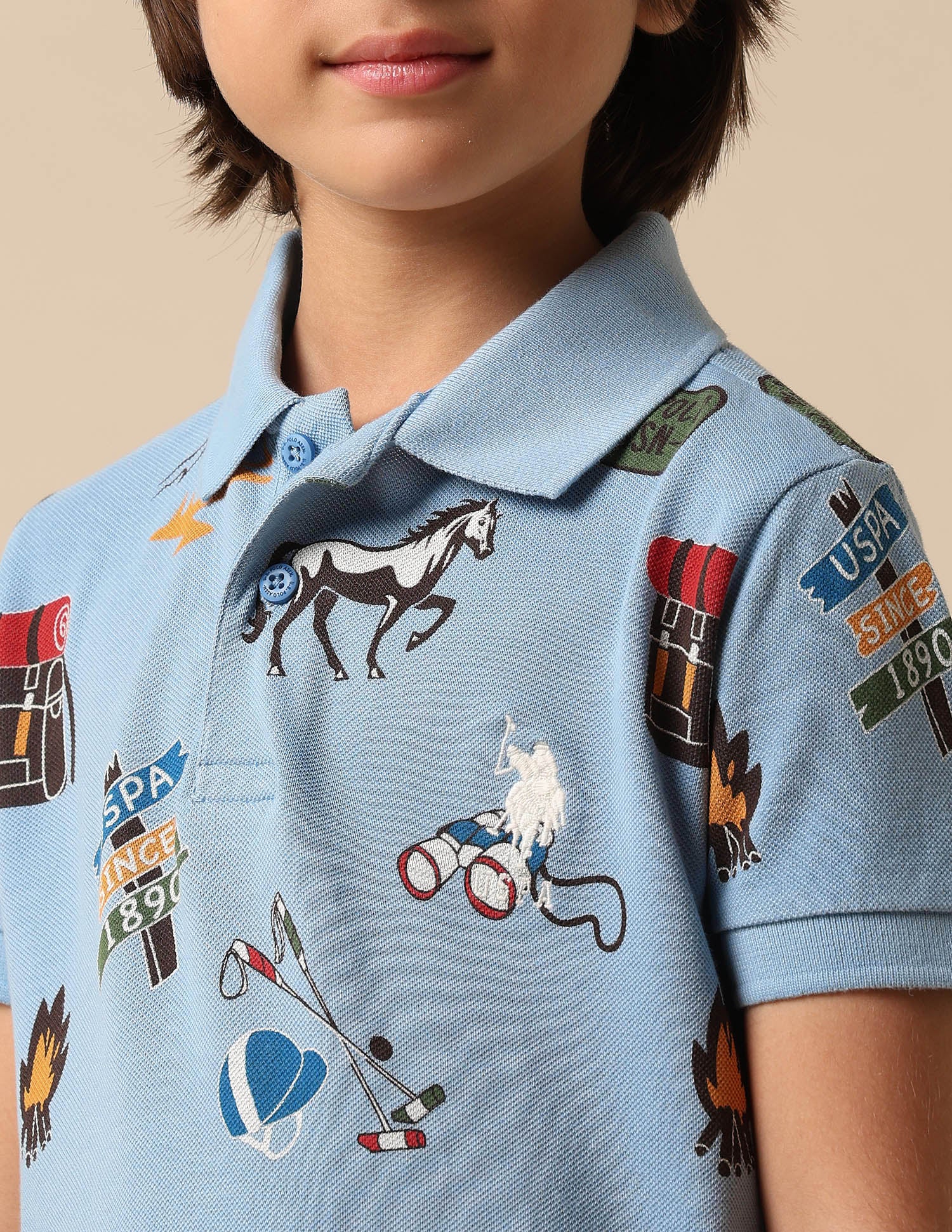 Boys All Over Printed Pure Cotton Polo Shirt Blue - U.S. POLO ASSN. | Large