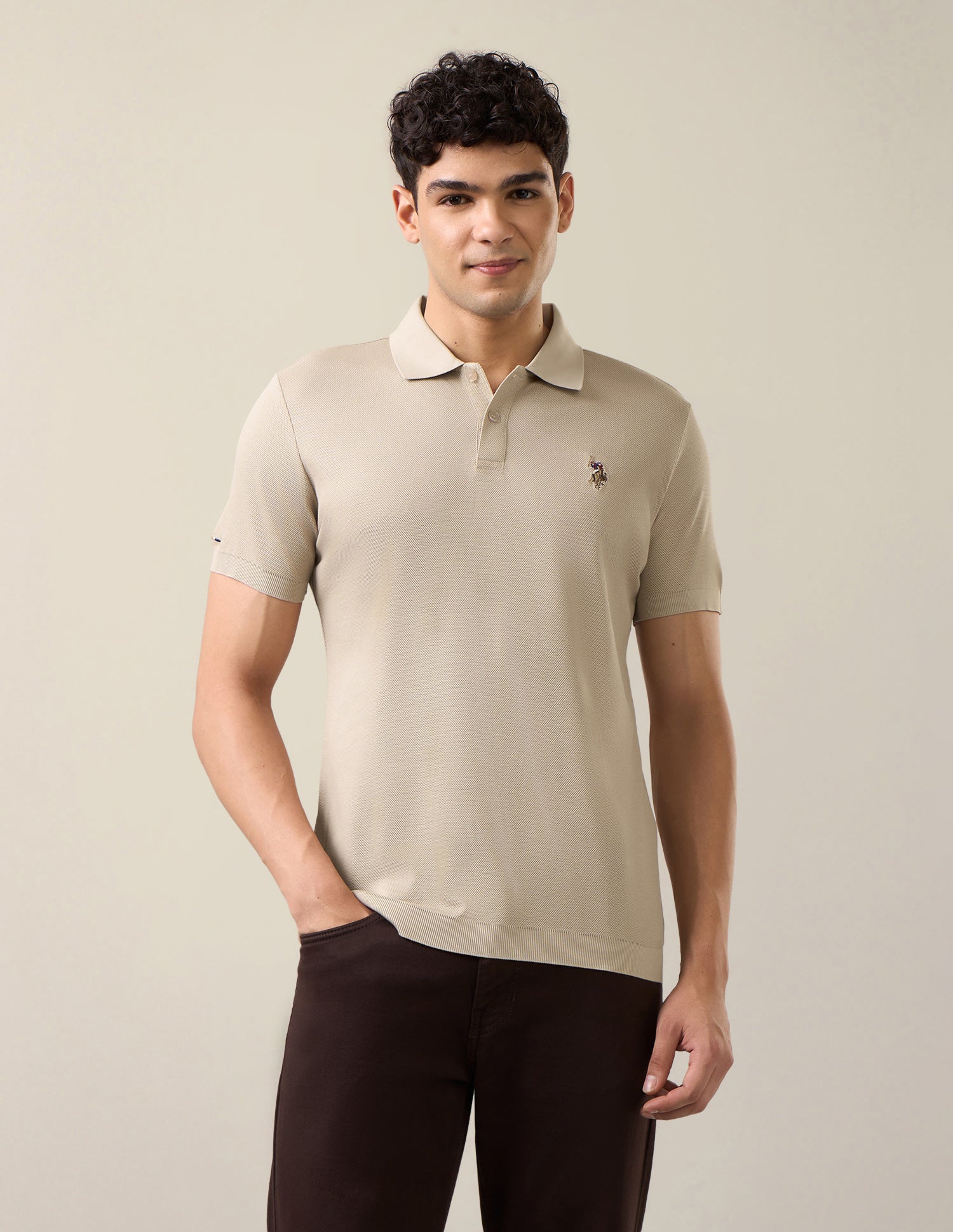 Solid Slim Fit Polo Shirt Beige - U.S. Polo Assn. India | Large