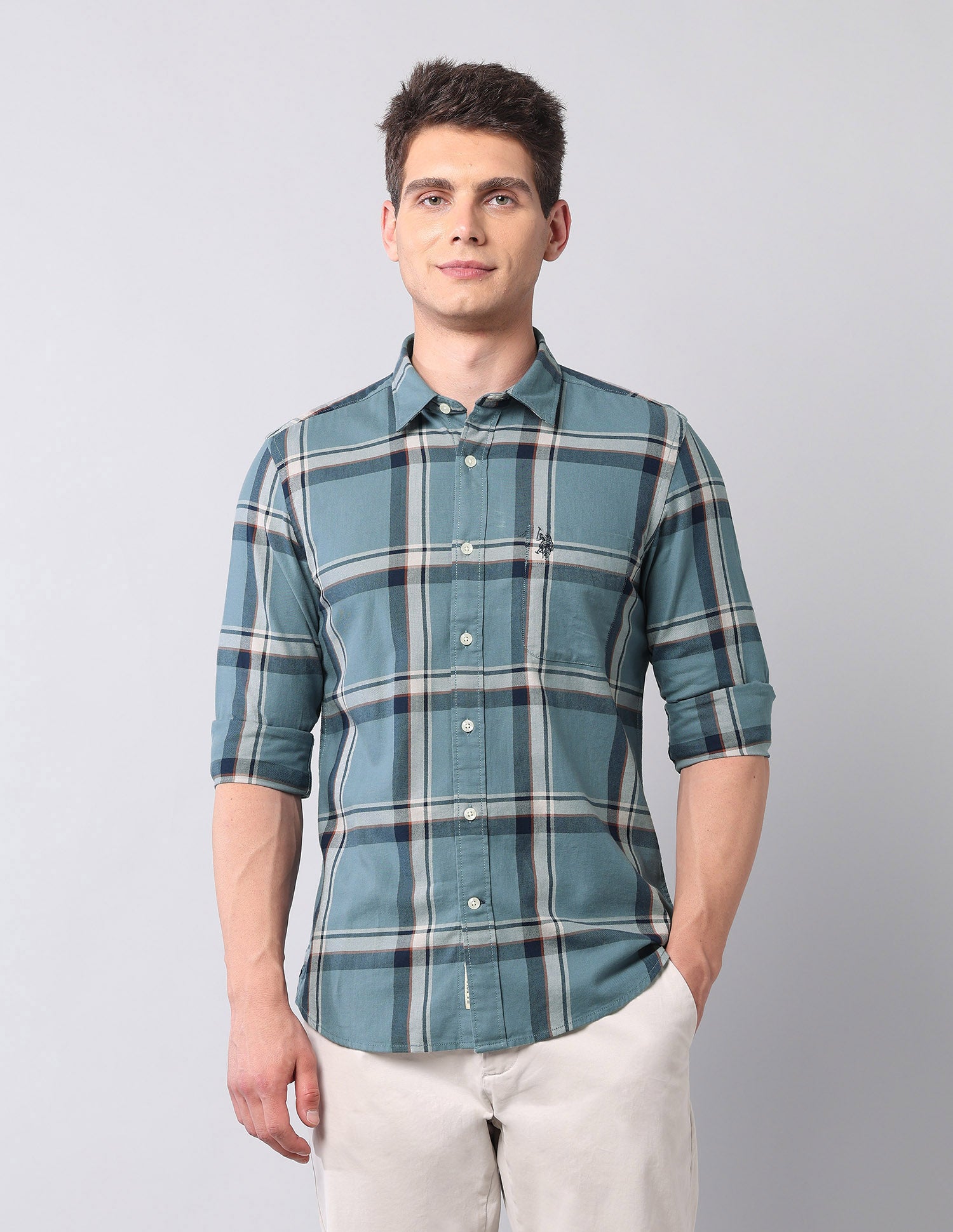 Grid Tattersall Checked Twill Shirt Teal - U.S. POLO ASSN. | Large