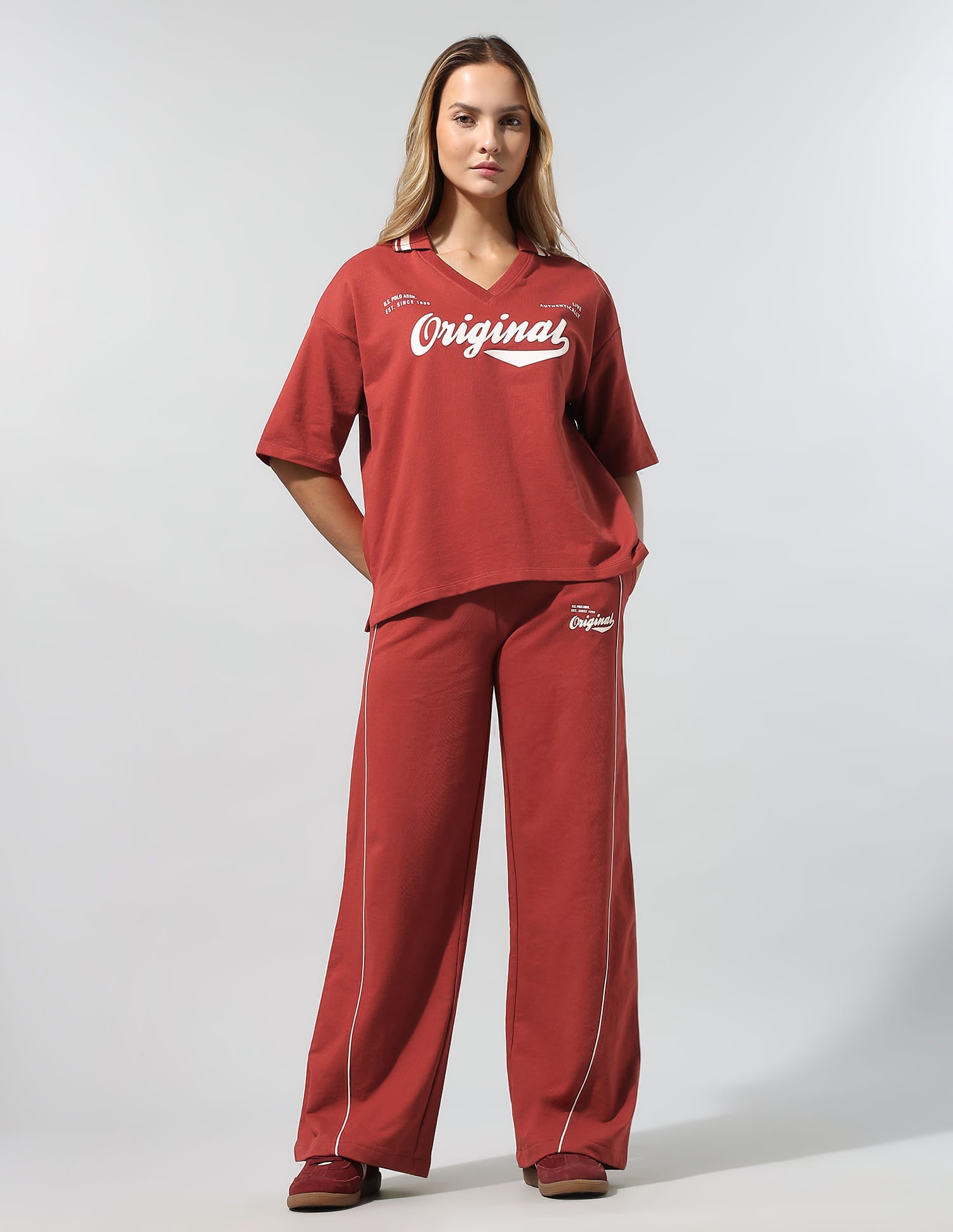 Polo Collar T-Shirt With Wide Leg Pants Red - U.S. Polo Assn. India | Large