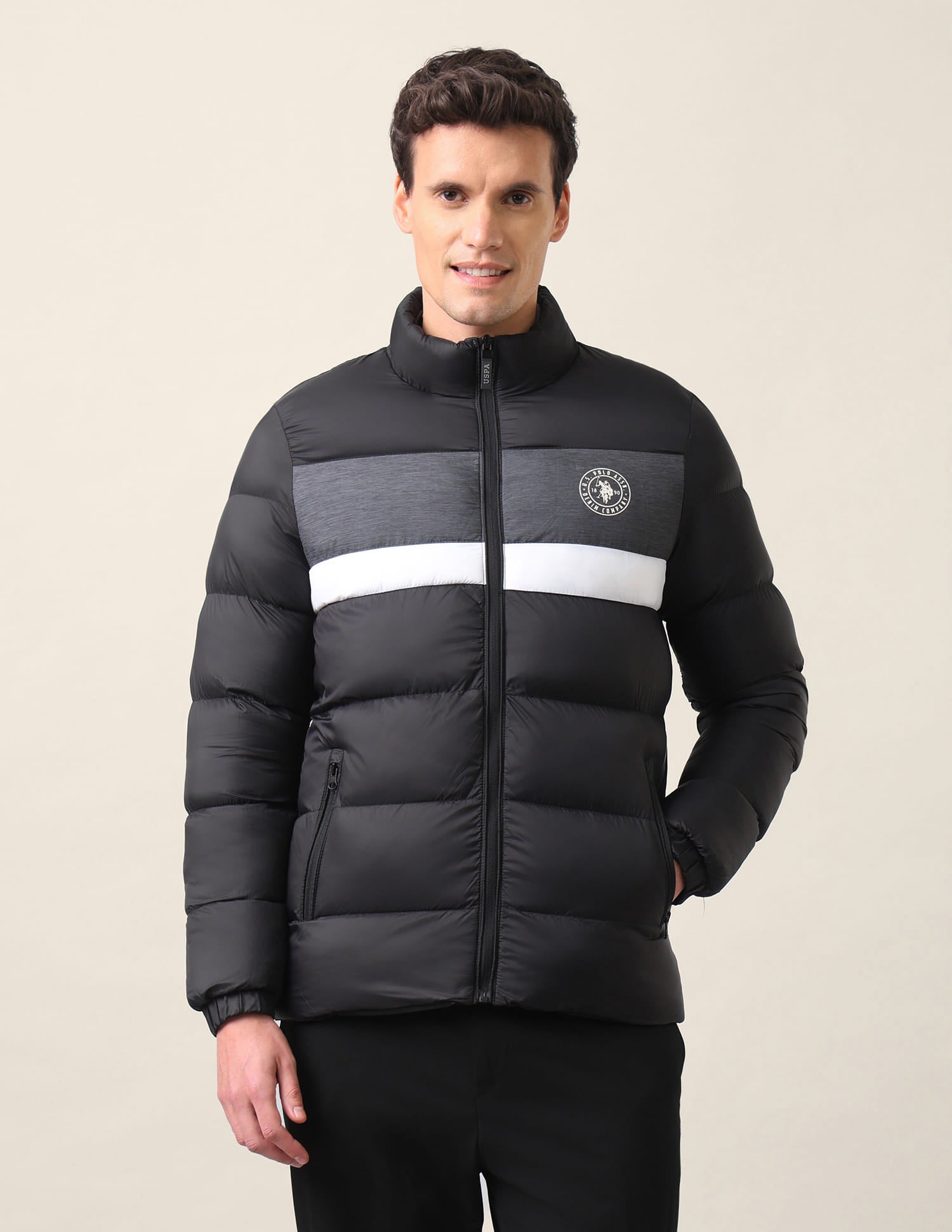 High Neck Colour Block Puffer Jacket Black - U.S. Polo Assn. India | Large
