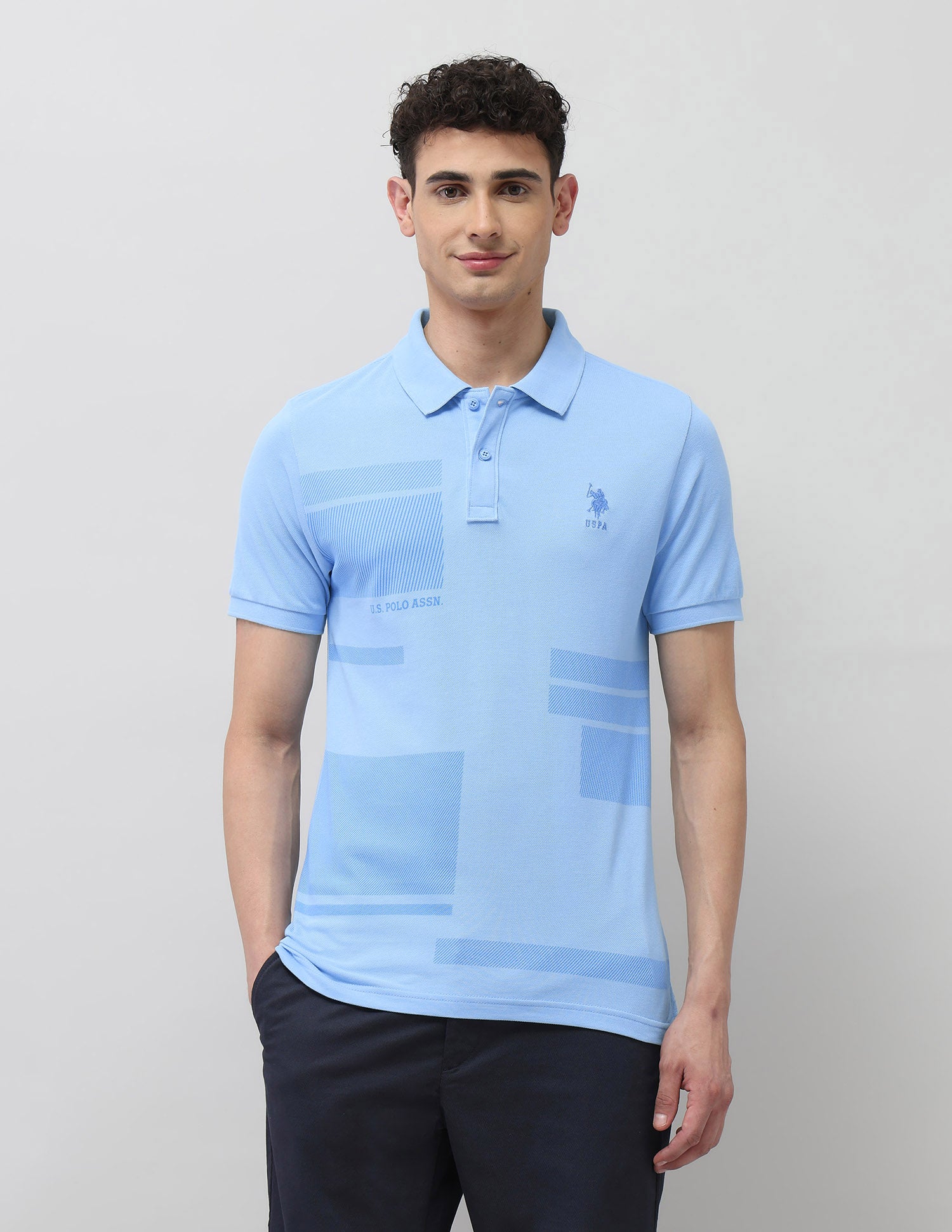 Diagonal Striped Slim Fit Polo Shirt Light Blue - U.S. Polo Assn. India | Large
