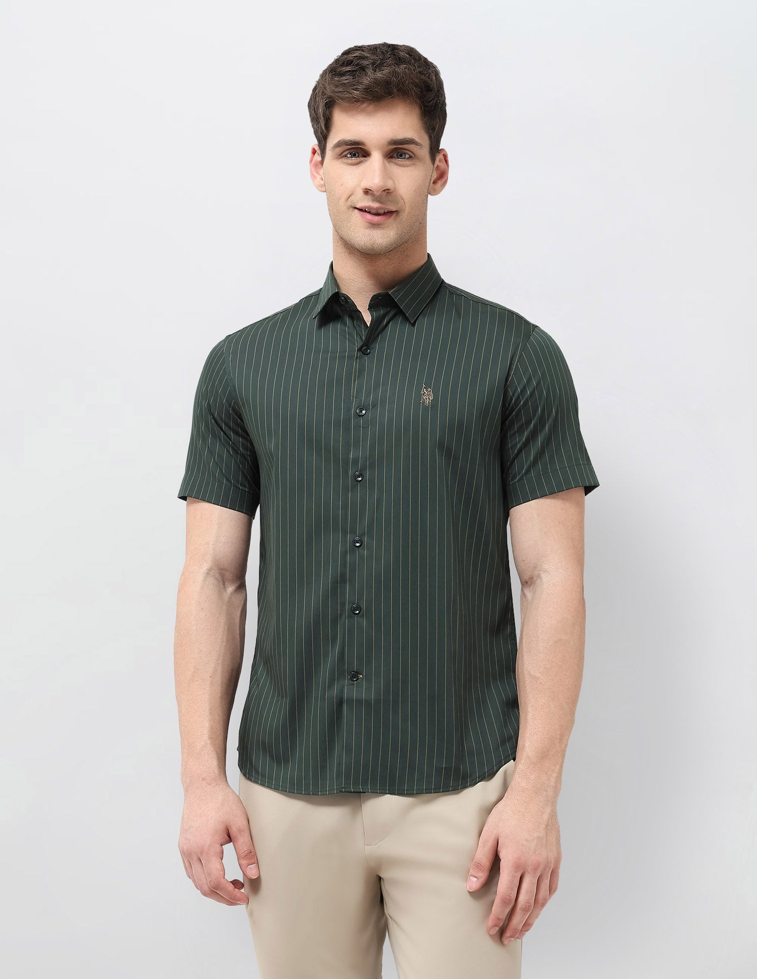 Vertical Striped Equestrian Aisle Shirt Olive - U.S. Polo Assn. India | Large