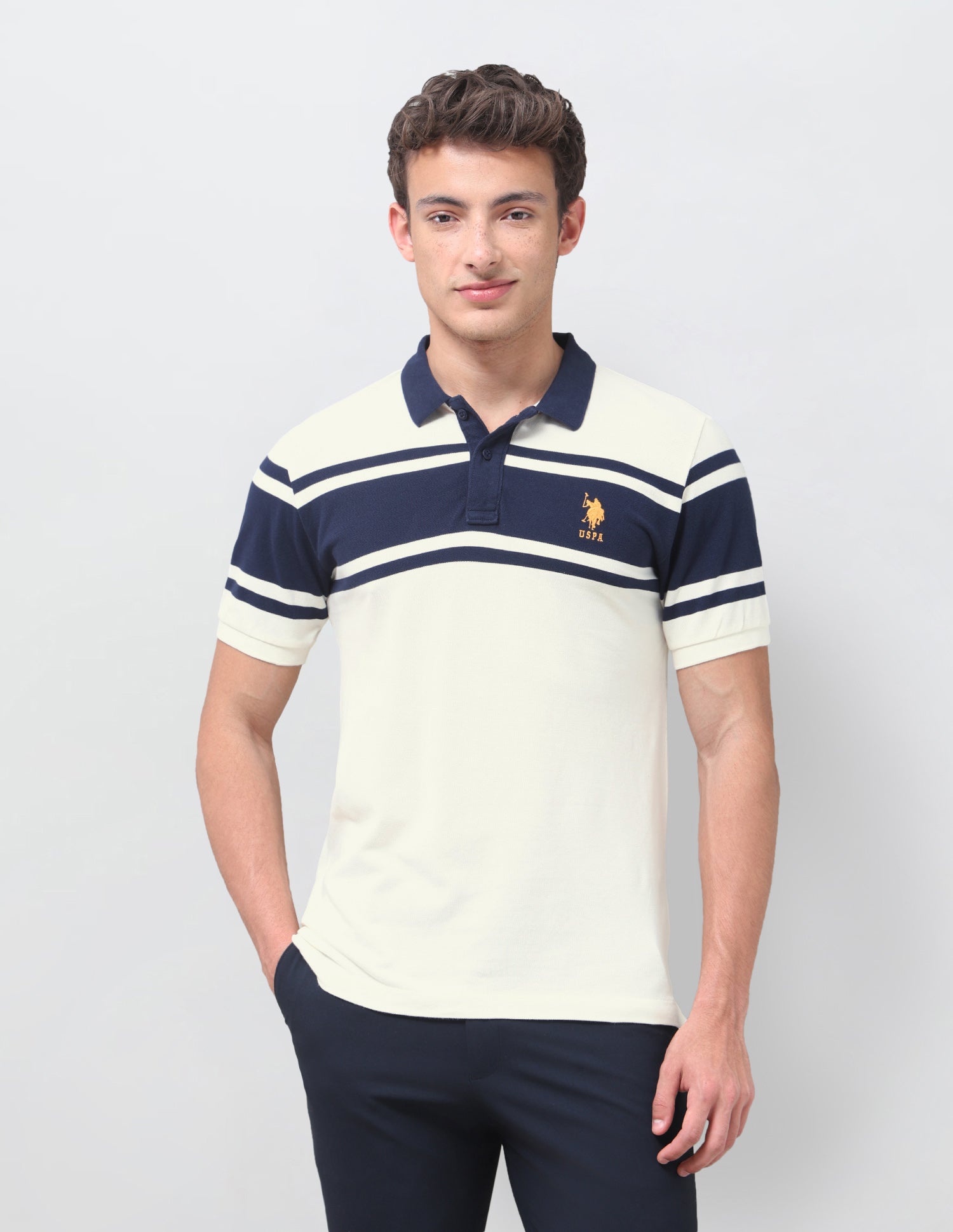 Colourblocked Regular Fit Polo Shirt Off White - U.S. Polo Assn. India | Large