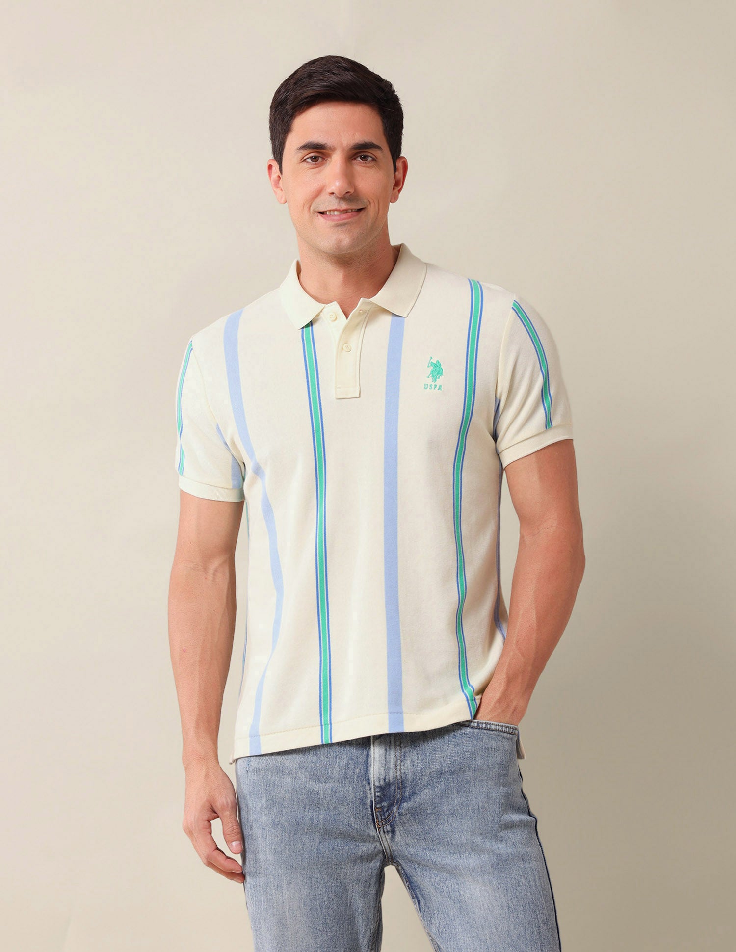 Vertical Striped Slim Fit Polo Shirt Beige - U.S. Polo Assn. India | Large