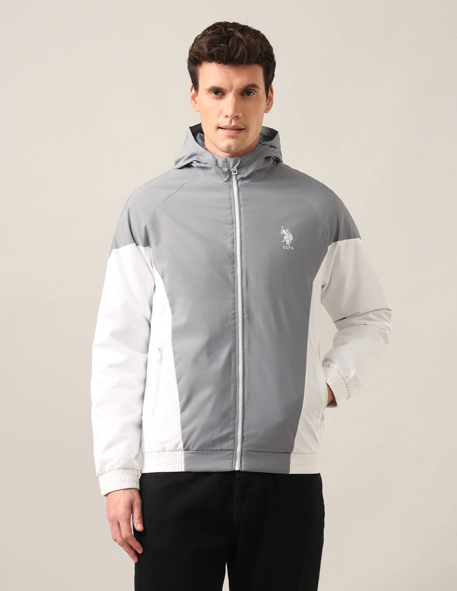 Colour Block Logo Hooded Jacket Grey and White - U.S. Polo Assn. India | Large