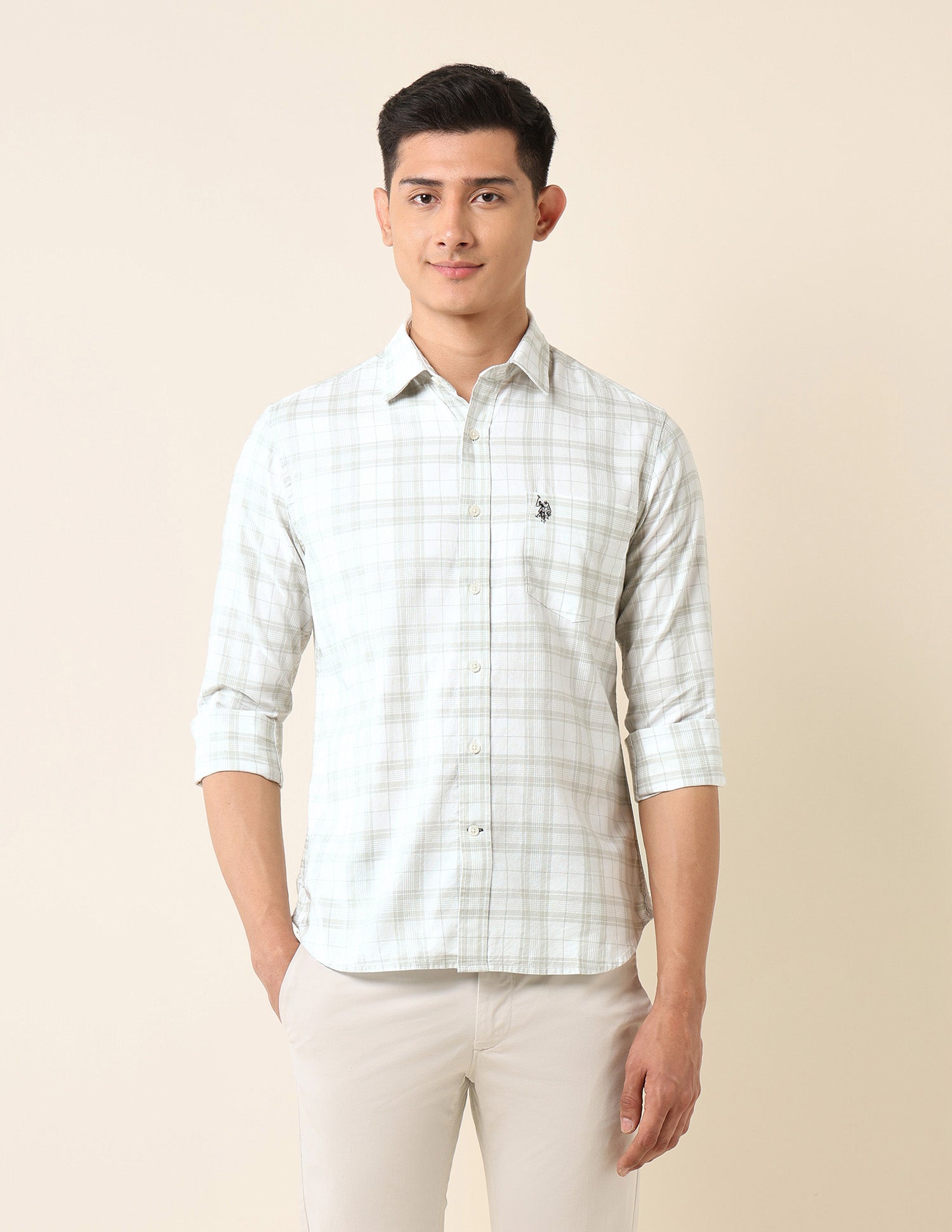 Plaid Checked Pure Cotton Shirt Light Green - U.S. Polo Assn. India | Large