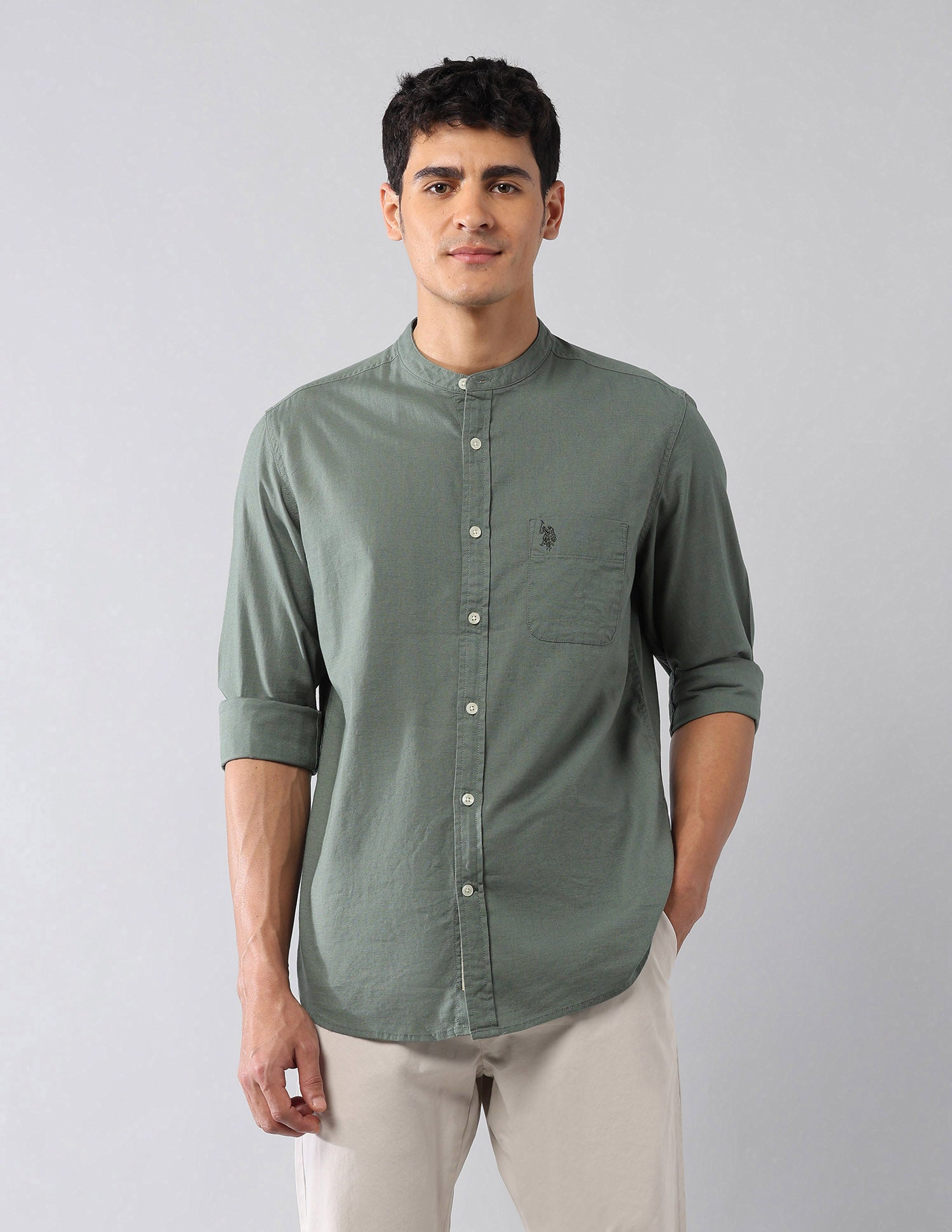 Solid Regular Fit Mandarin Shirt Light Olive - U.S. Polo Assn. India | Large