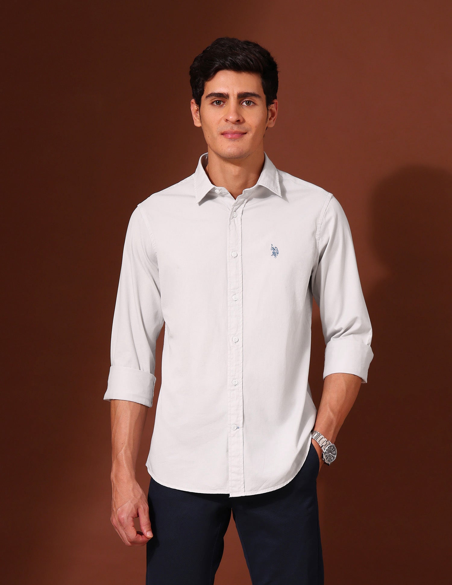 Pure Cotton Tailored Fit Twill Shirt Grey - U.S. Polo Assn. India | Large