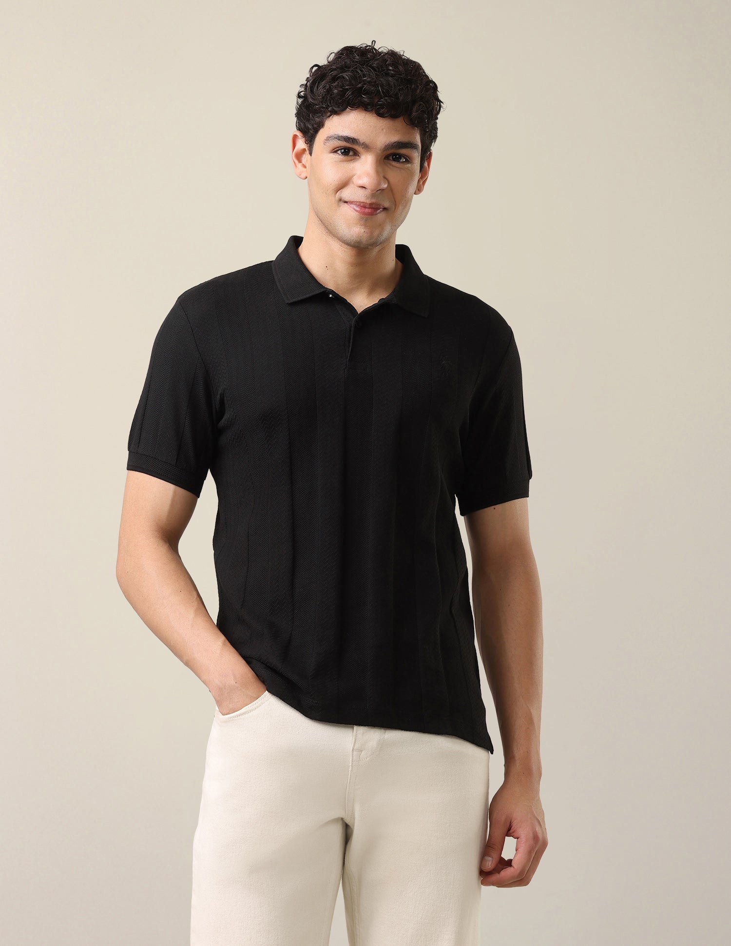 Self Design Vertical Striped Slim Fit Polo Shirt Black - U.S. Polo Assn. India | Large