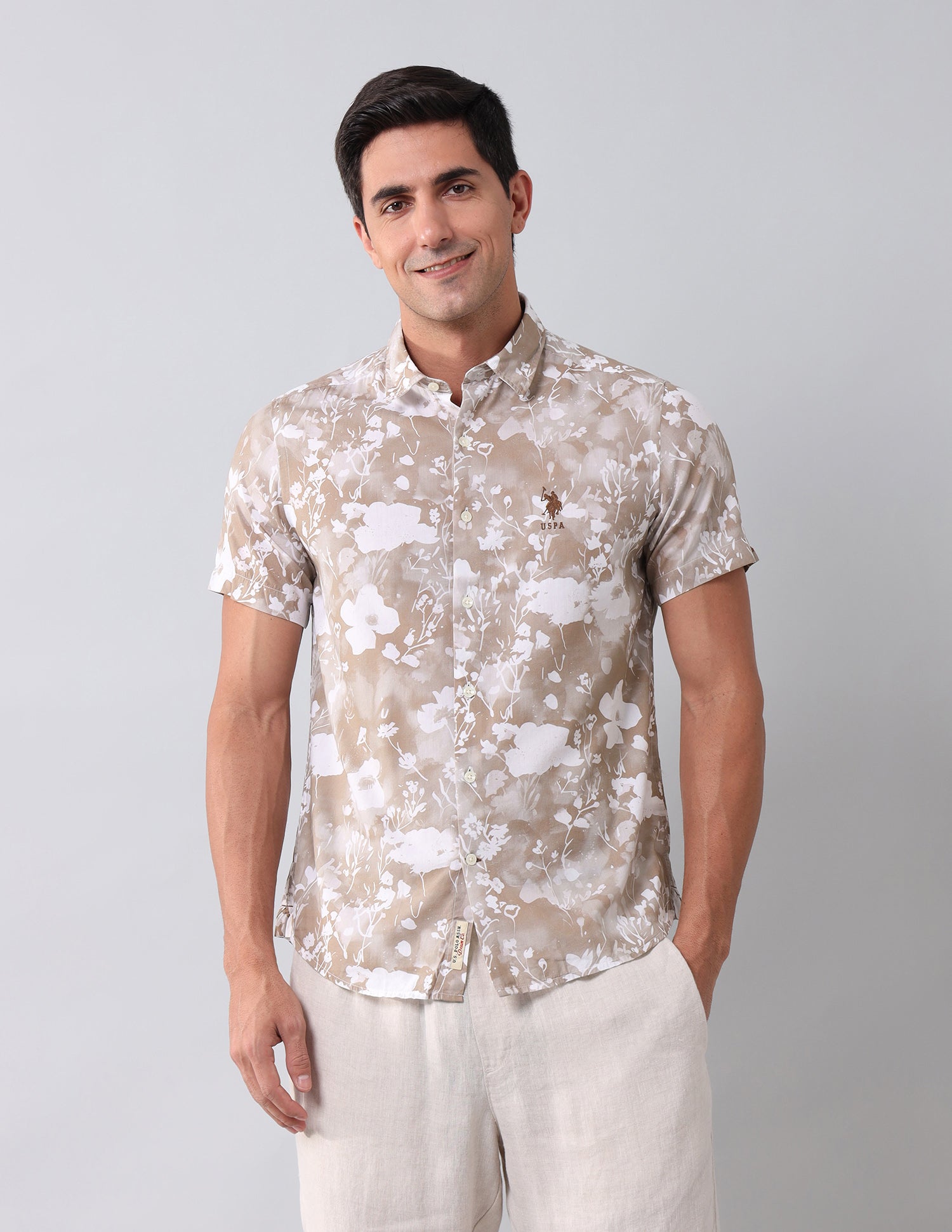 Floral Printed Regular Shirt Light Khaki - U.S. Polo Assn. India | Large