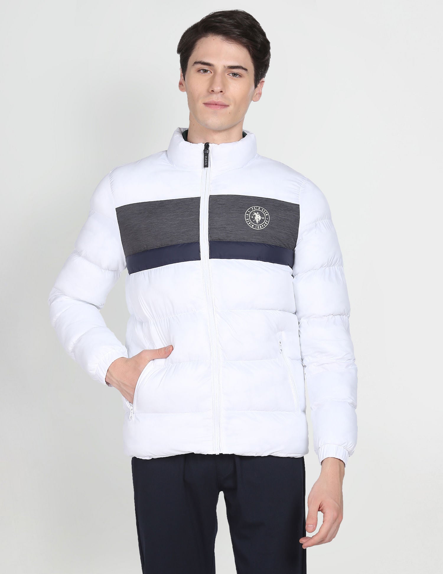 High Neck Colour Block Puffer Jacket White - U.S. POLO ASSN. | Large