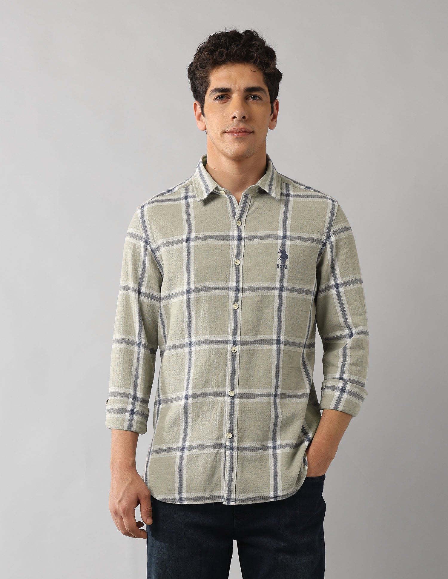 Grid Tattersall Checked Regular Fit Shirt Olive - U.S. Polo Assn. India | Large