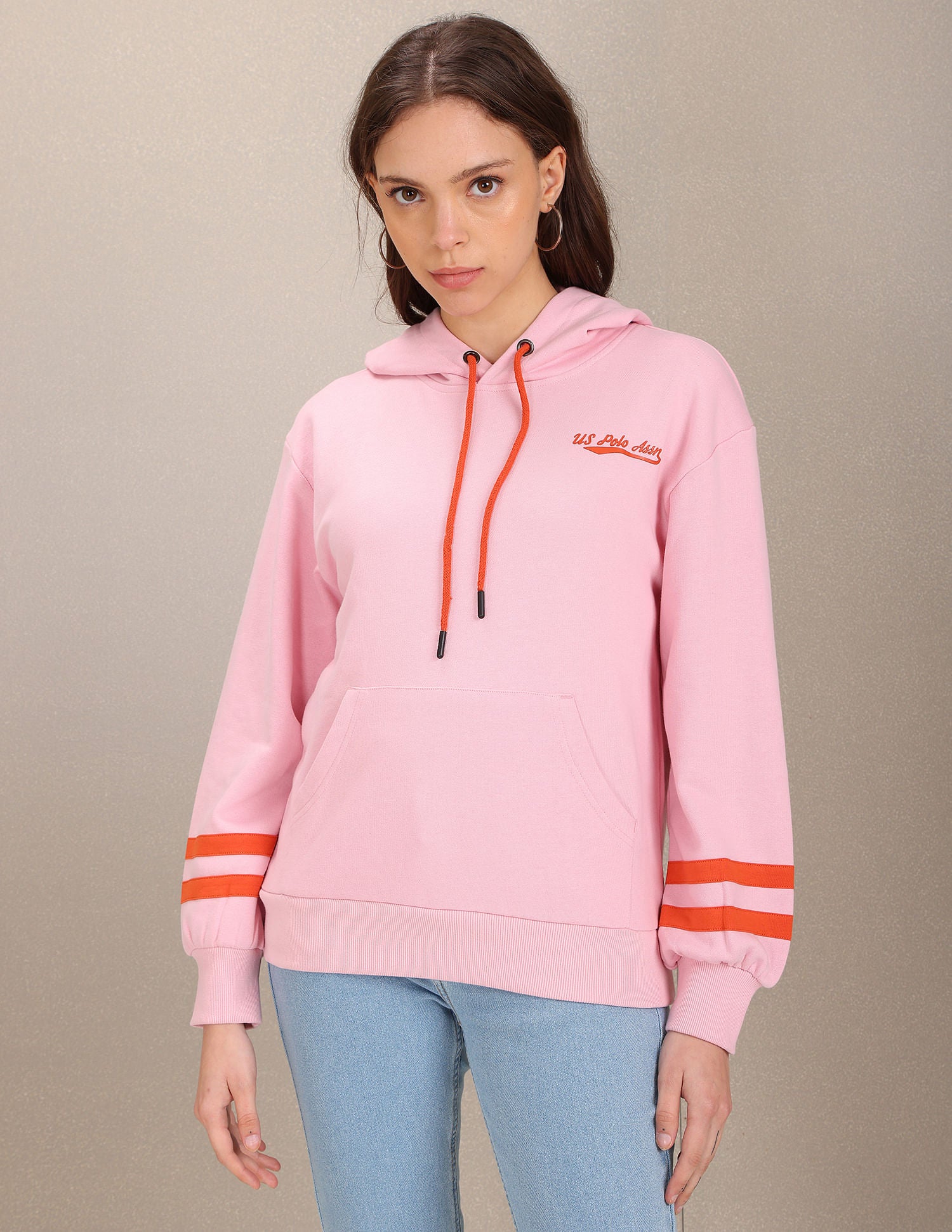 Hooded Striped Sleeve Solid Sweatshirt Pink - U.S. Polo Assn. India | Large