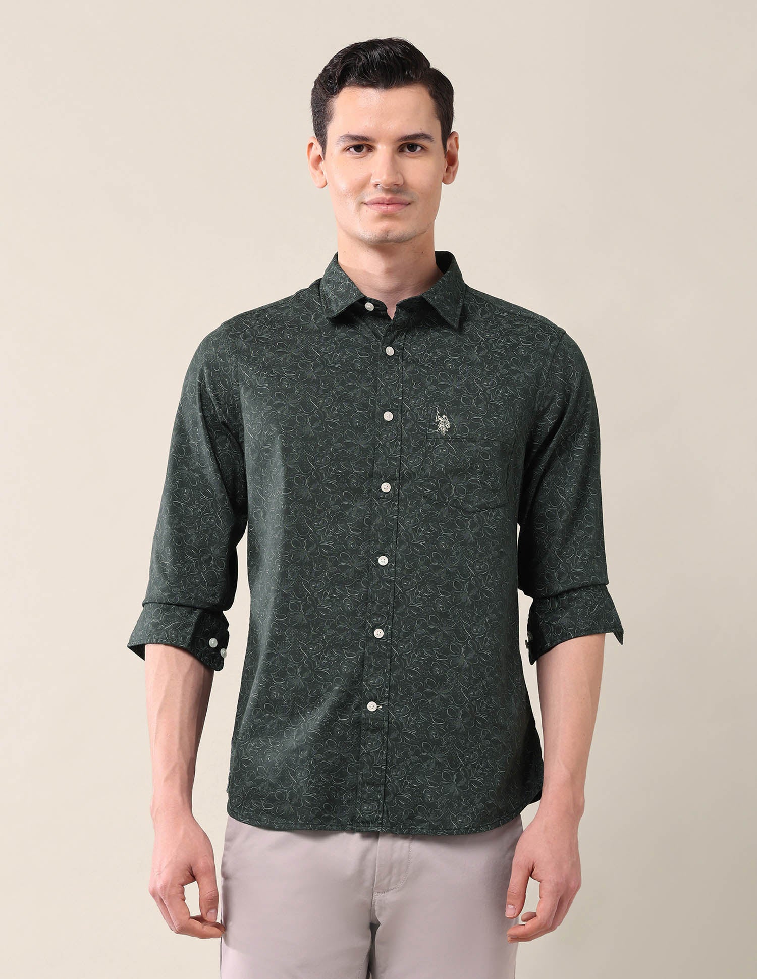 All-Over Printed Tailored Fit Shirt Dark Green - U.S. Polo Assn. India | Large