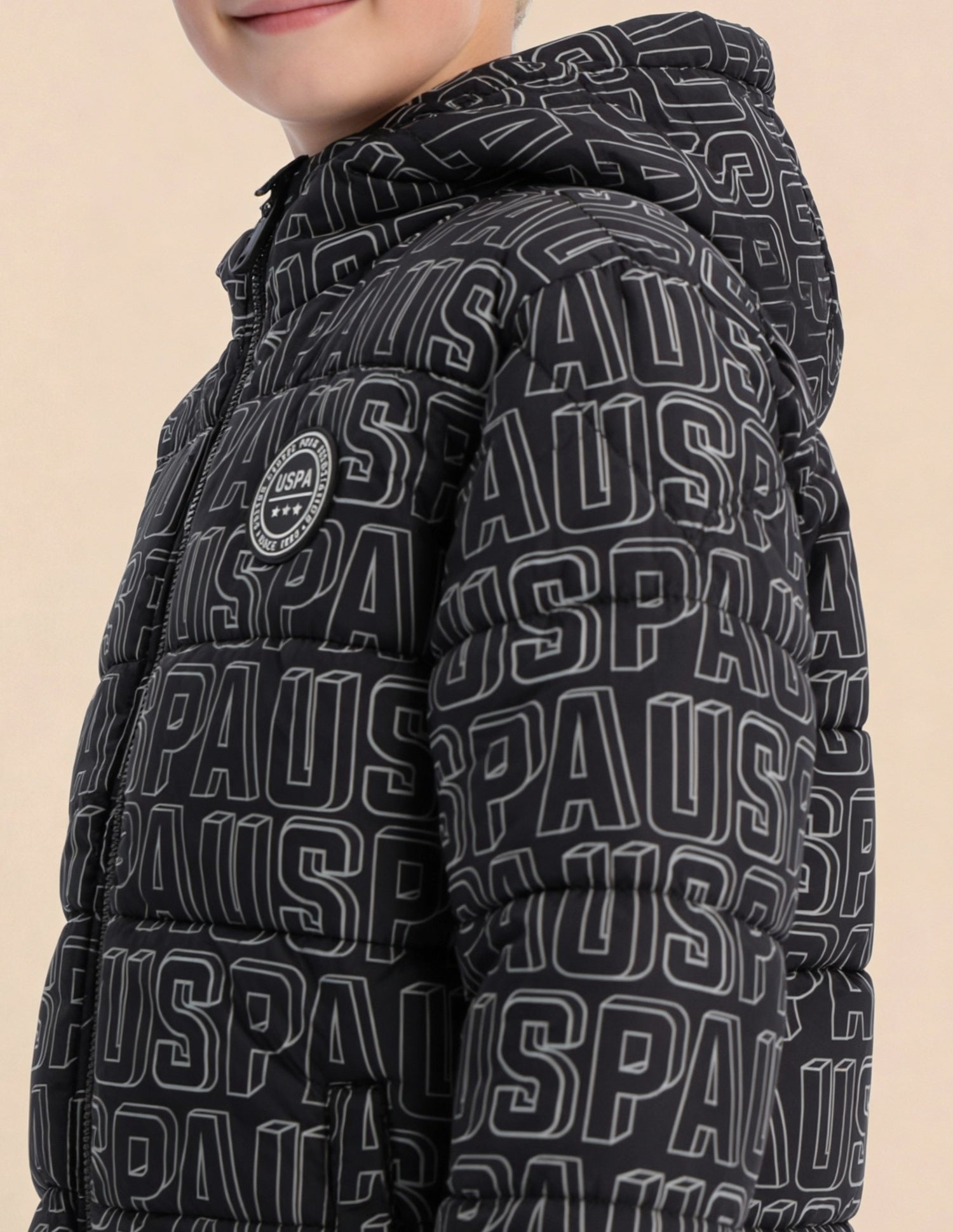Boys Brand Printed Puffer Jacket Jet Black - U.S. Polo Assn. India | Large