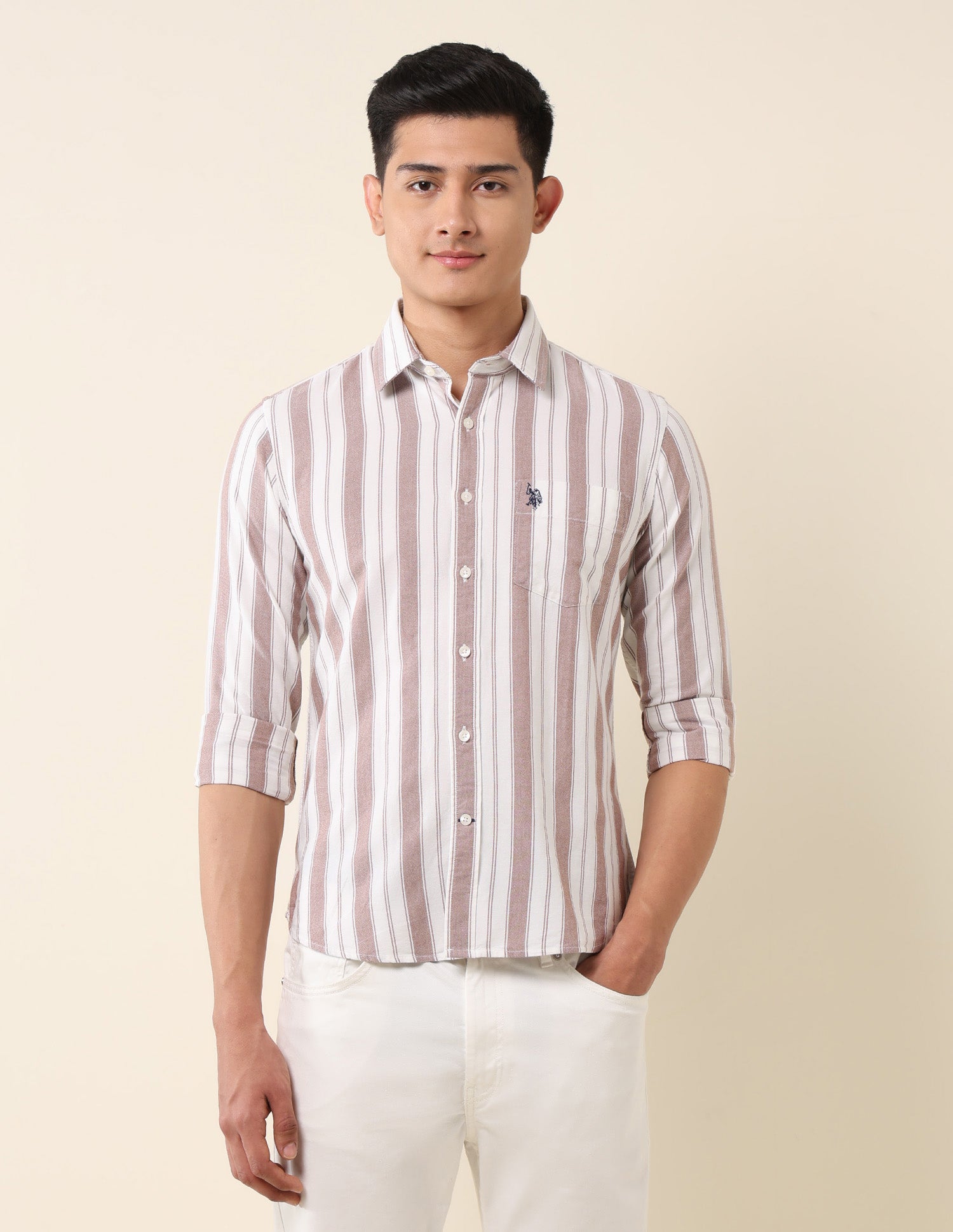 Vertical Striped Pure Cotton Shirt Brown - U.S. Polo Assn. India | Large