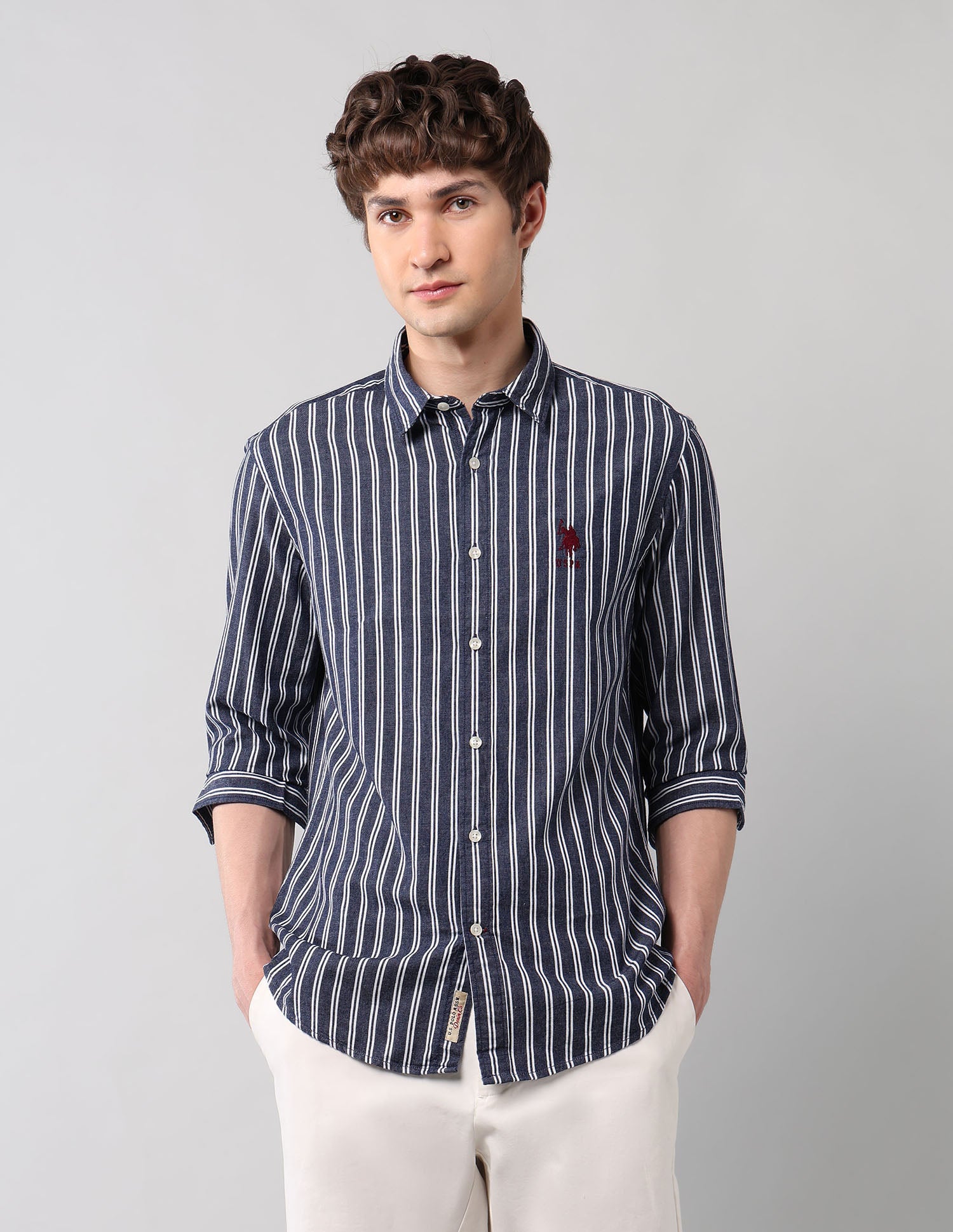 Vertical Striped Pure Cotton Shirt Indigo - U.S. Polo Assn. India | Large