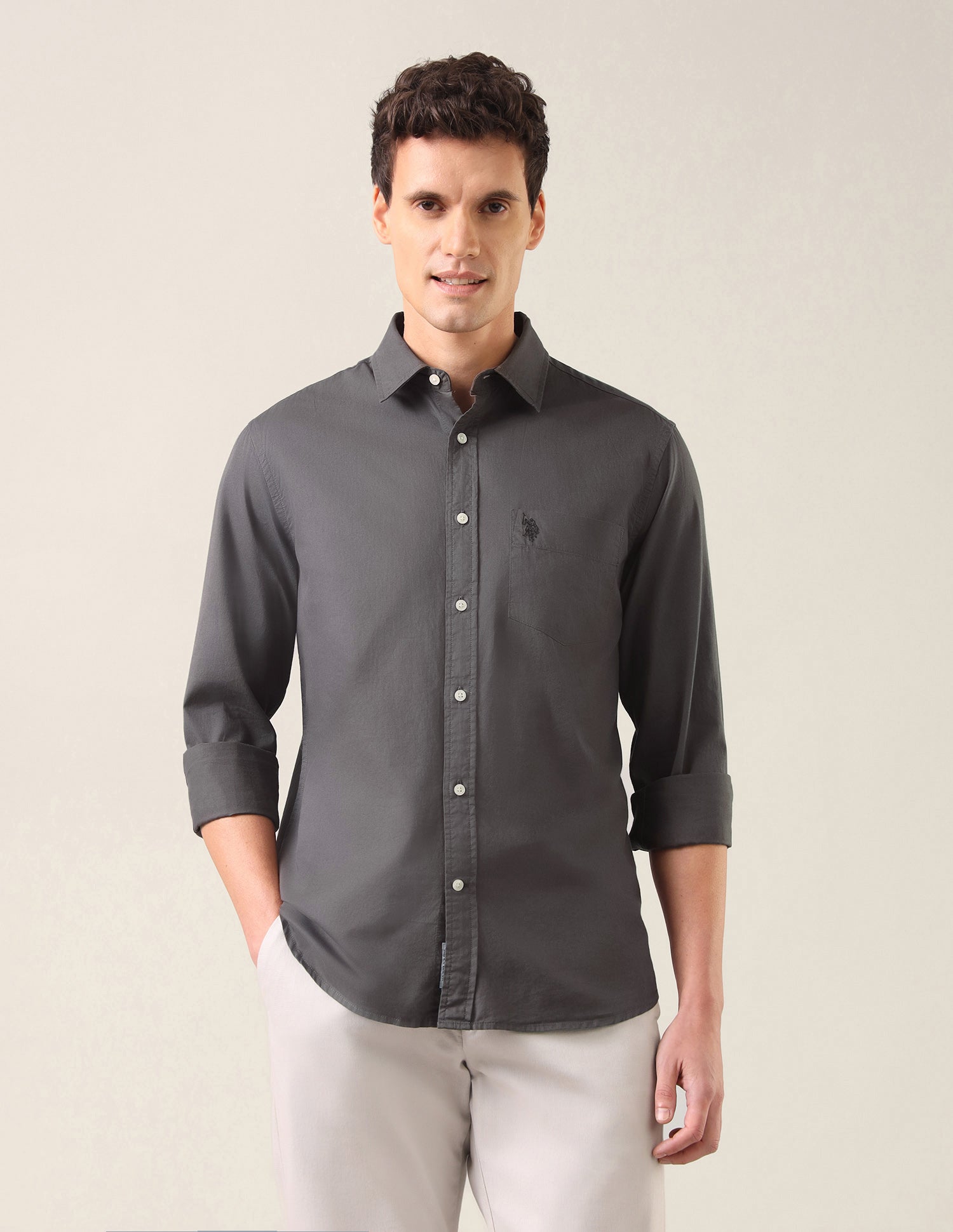 Twill Tailored Fit Shirt Mid Grey - U.S. Polo Assn. India | Large