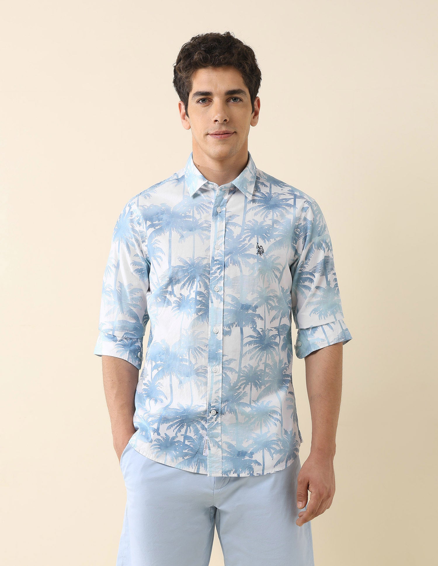 Tropical Printed Poplin Shirt Light Blue - U.S. Polo Assn. India | Large