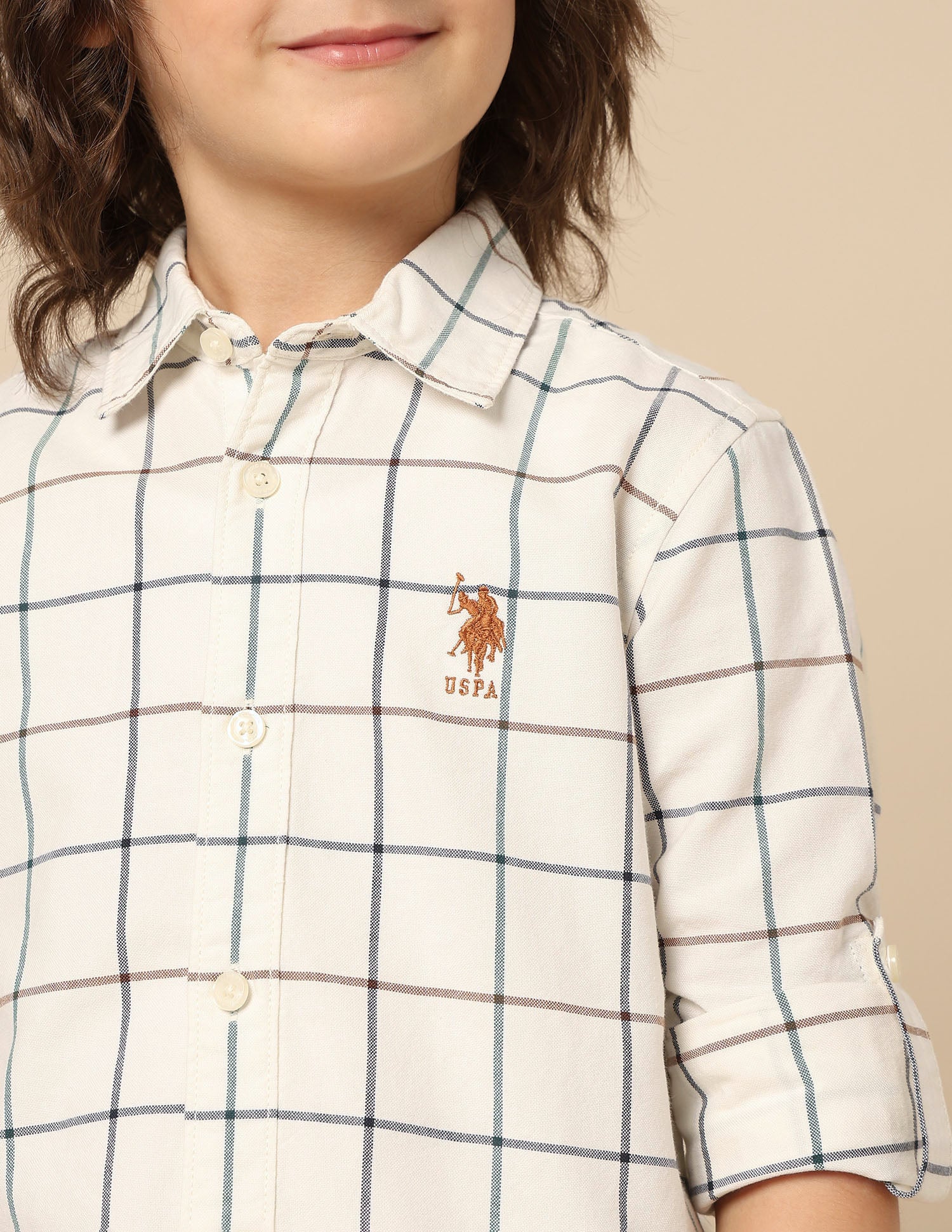 Boys Windowpane Checked Oxford Shirt Beige - U.S. POLO ASSN. | Large