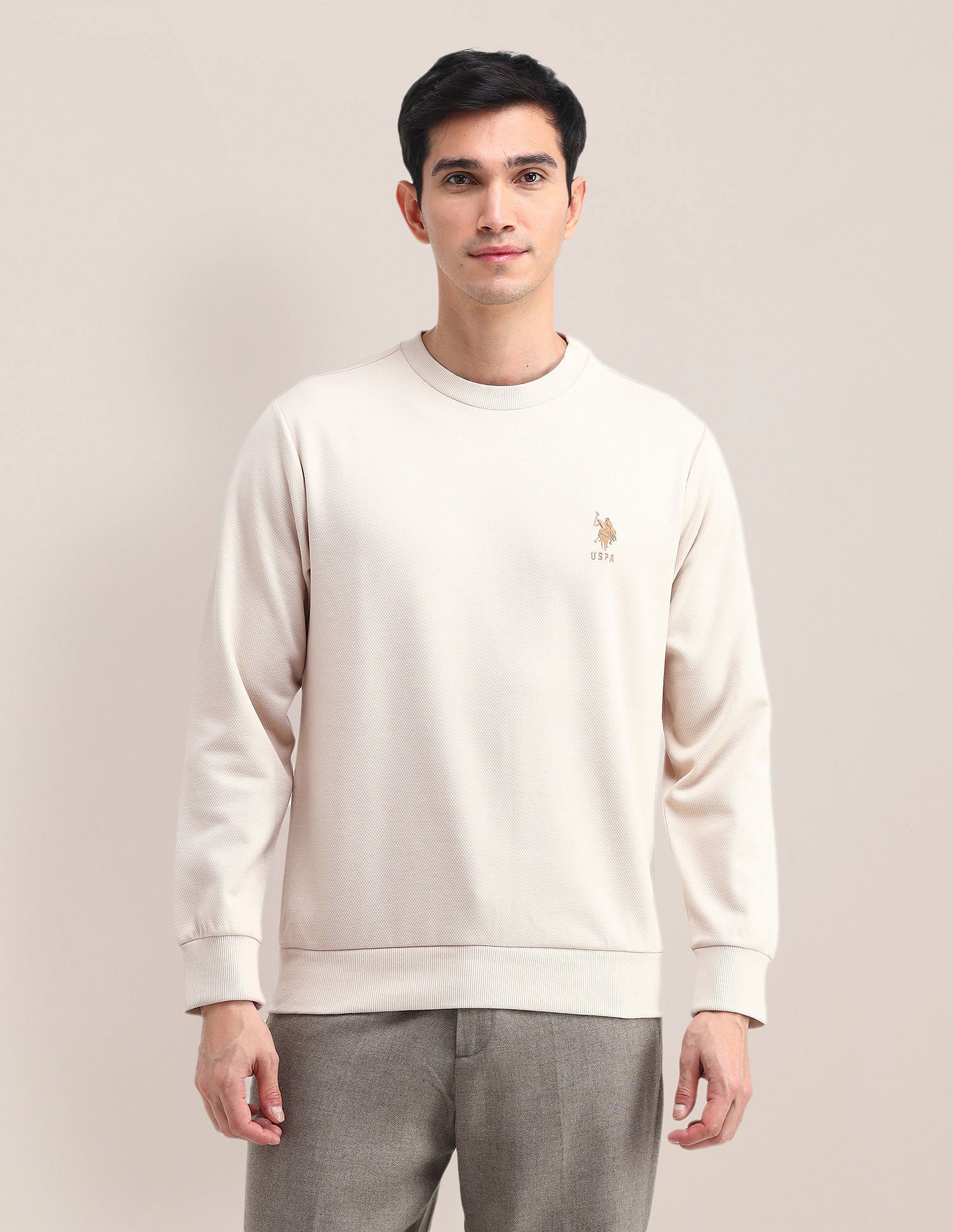 Patterned Knit Regular Fit Sweatshirt Off White - U.S. POLO ASSN. | Large