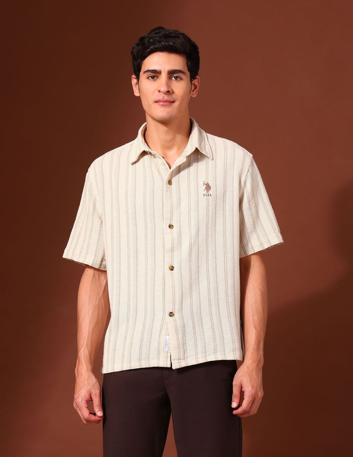 Vertical Striped Pure Cotton Shirt Beige - U.S. Polo Assn. India | Large
