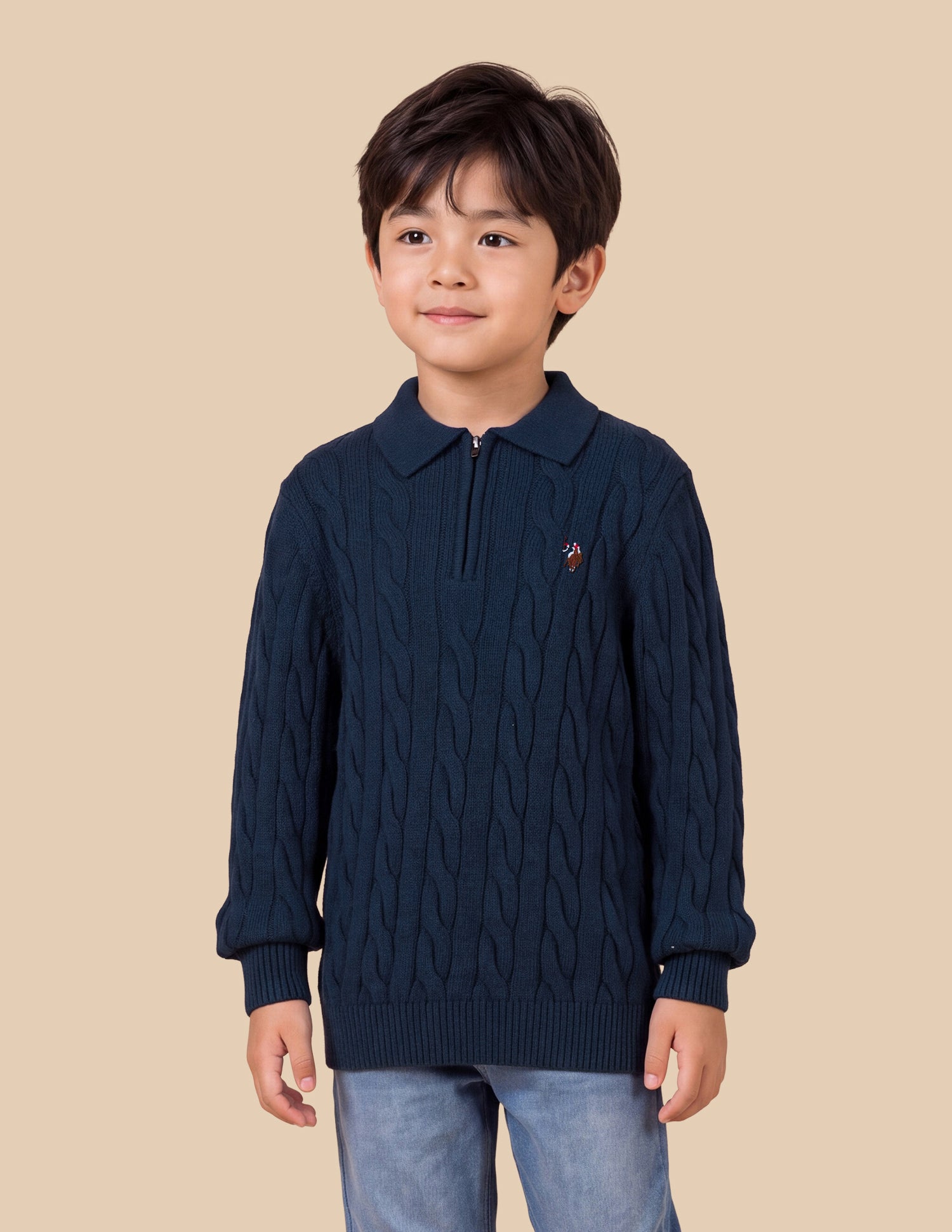 Cable Patterned Knit Regular Fit Sweater Grey Melang - U.S. Polo Assn. India | Large