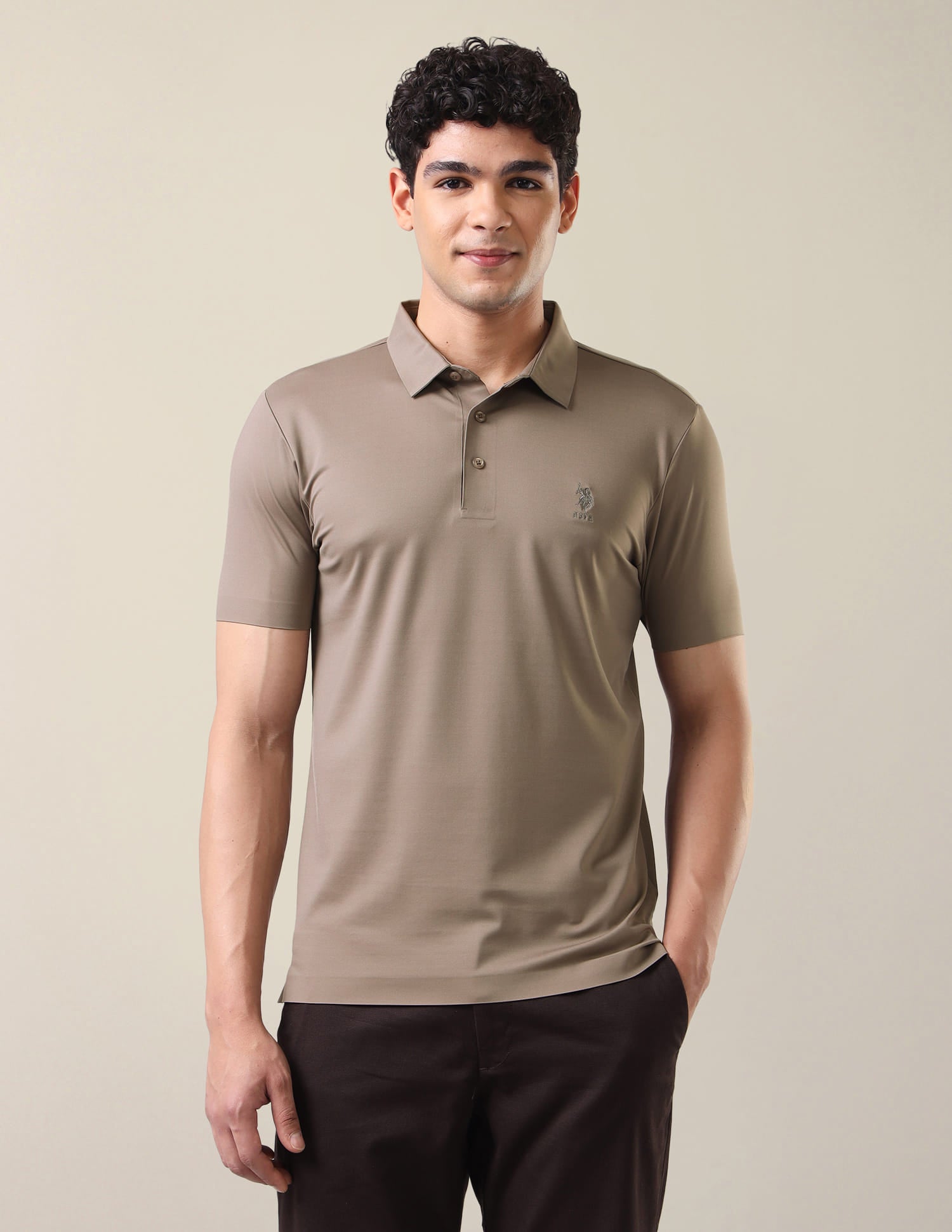 Solid Slim Fit Polo Shirt Light Brown - U.S. Polo Assn. India | Large