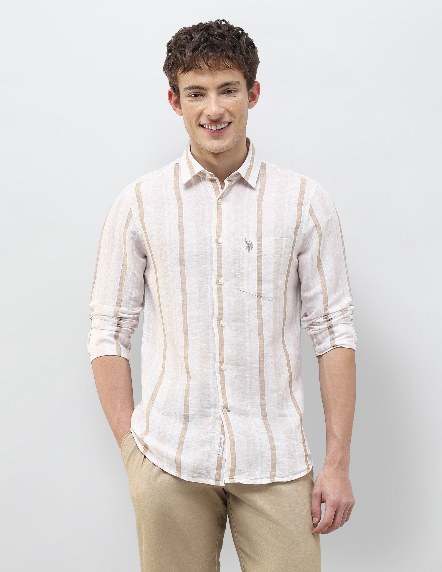 Vertical Striped Regular Fit Shirt Light Beige - U.S. Polo Assn. India | Large