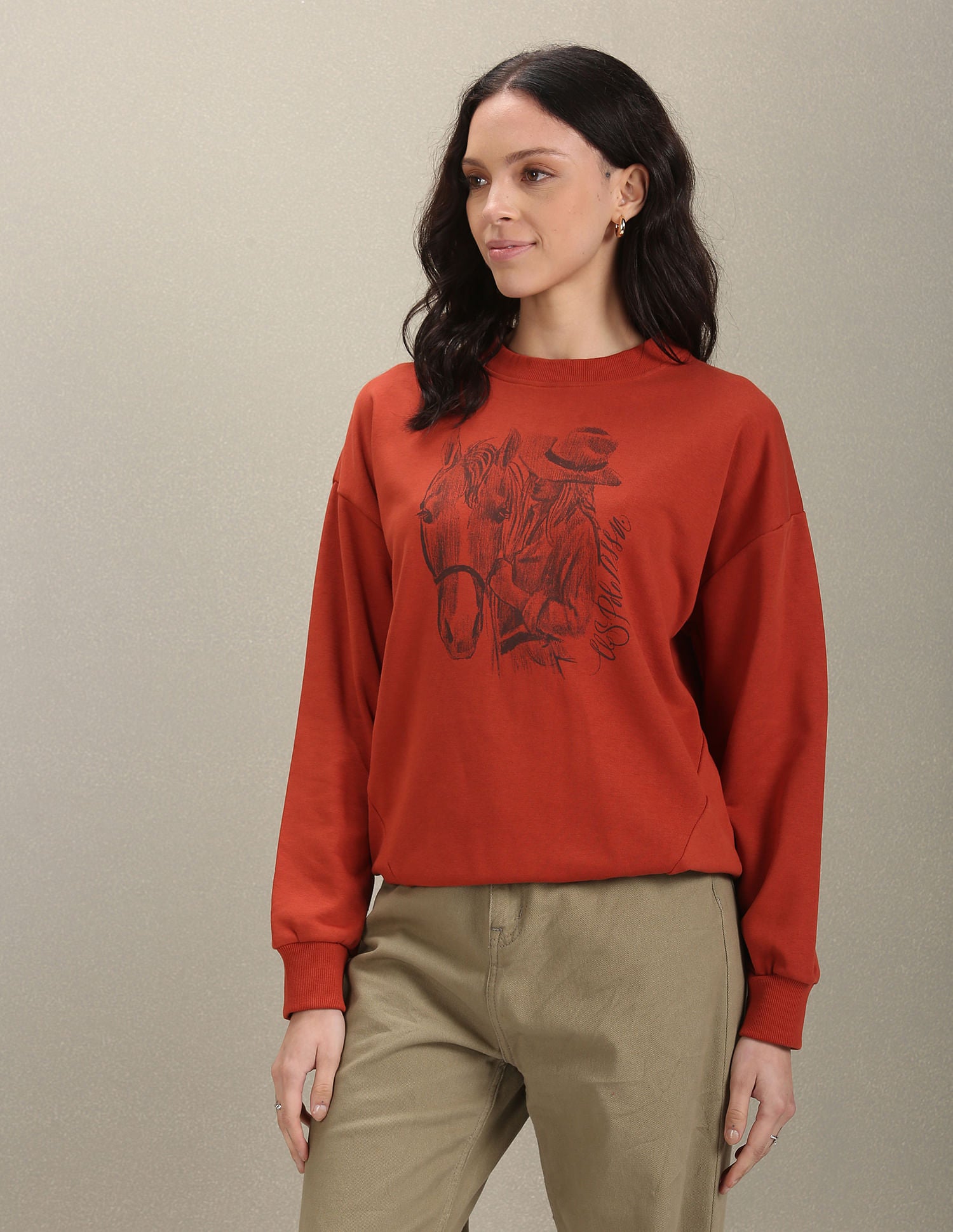 Crew Neck Graphic Print Sweatshirt Light Brown - U.S. POLO ASSN. | Large