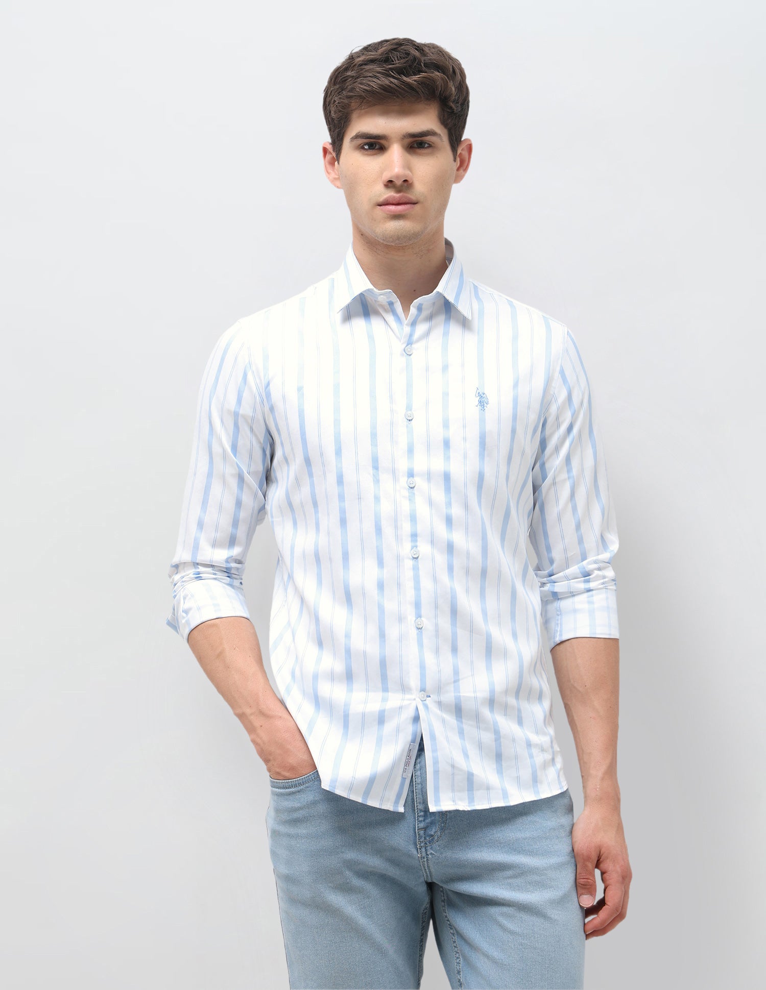 Tailored Fit Vertical Striped Shirt Light Blue - U.S. Polo Assn. India | Large