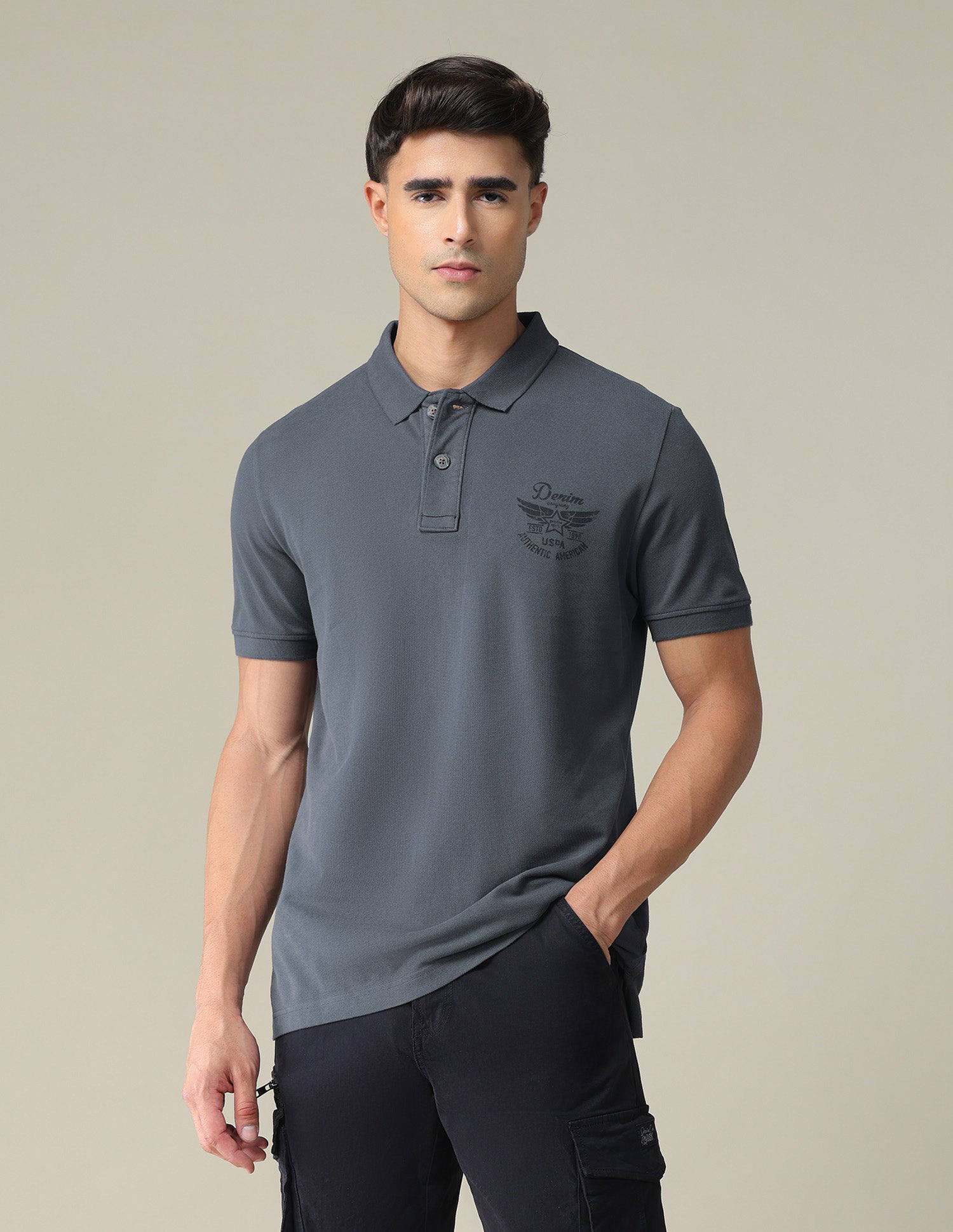 Placement Print Cotton Polo Shirt Charcoal - U.S. POLO ASSN. | Large