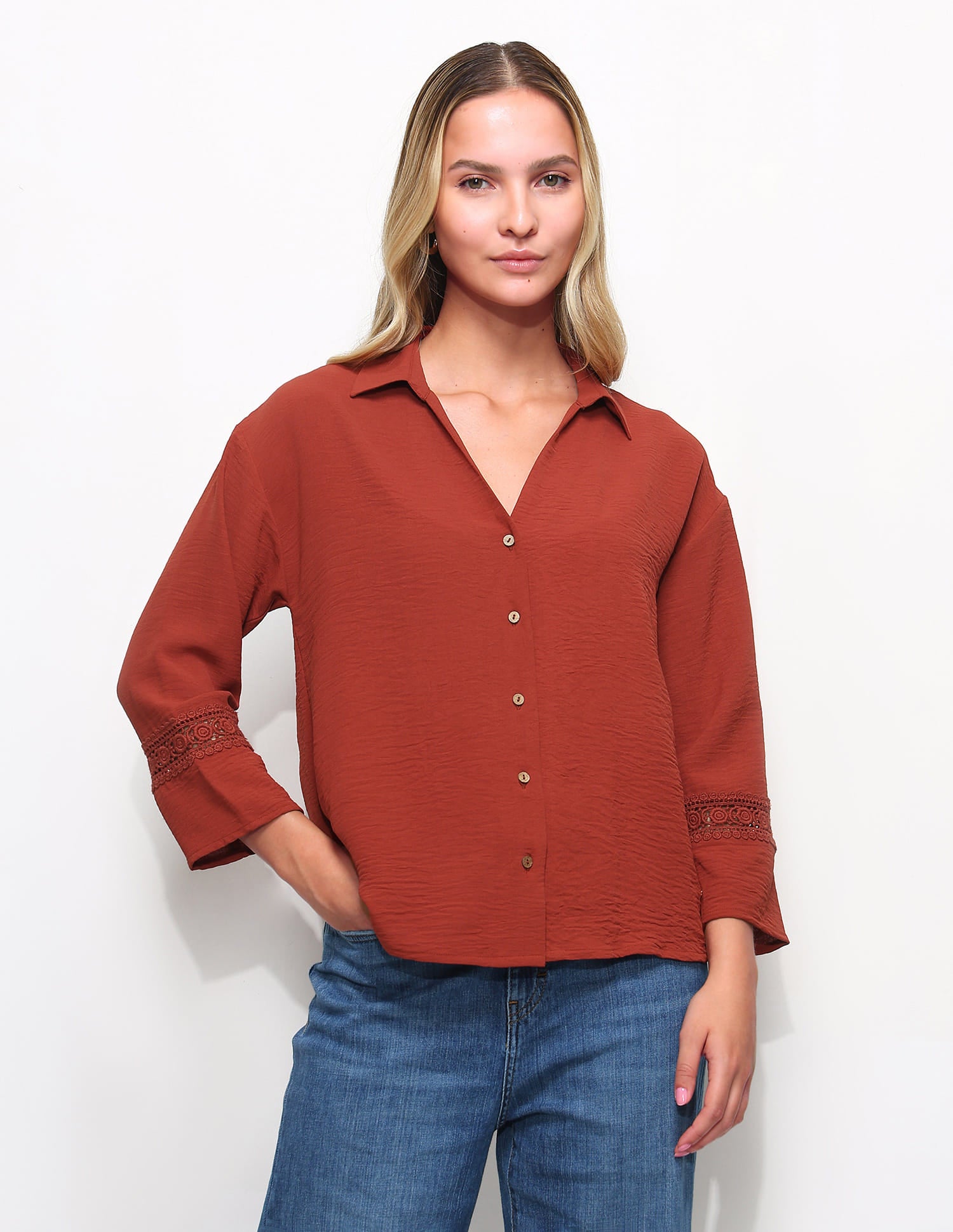 V-Neck Top With Lace Detail Brown - U.S. Polo Assn. India | Large