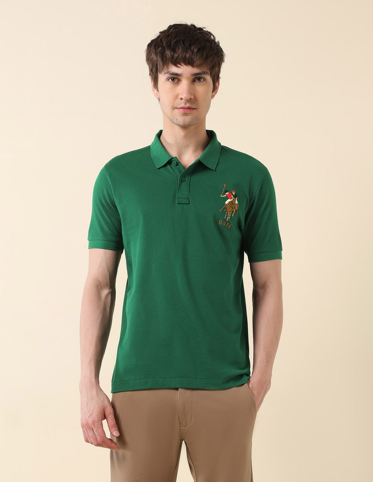 Brand Embroidered Modern Monochrome Polo Shirt Green - U.S. Polo Assn. India | Large
