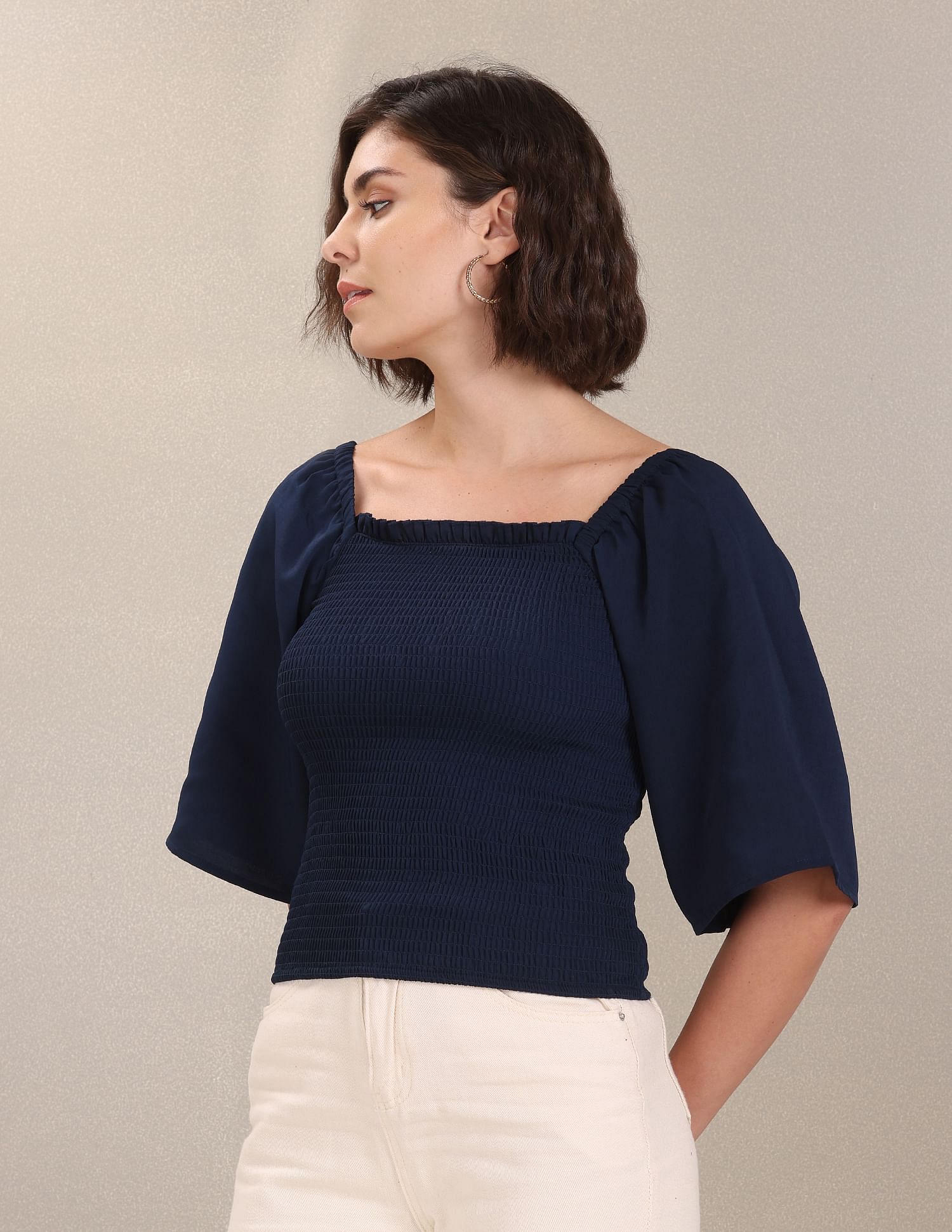 Bell Sleeve Smocked Bodice Solid Top Navy - U.S. Polo Assn. India | Large