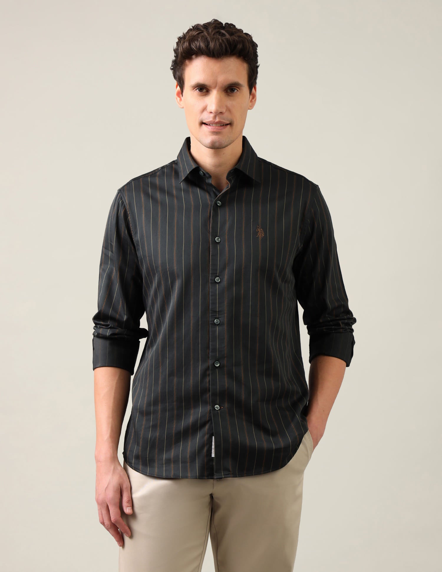 Vertical Striped Satin Shirt Green - U.S. Polo Assn. India | Large