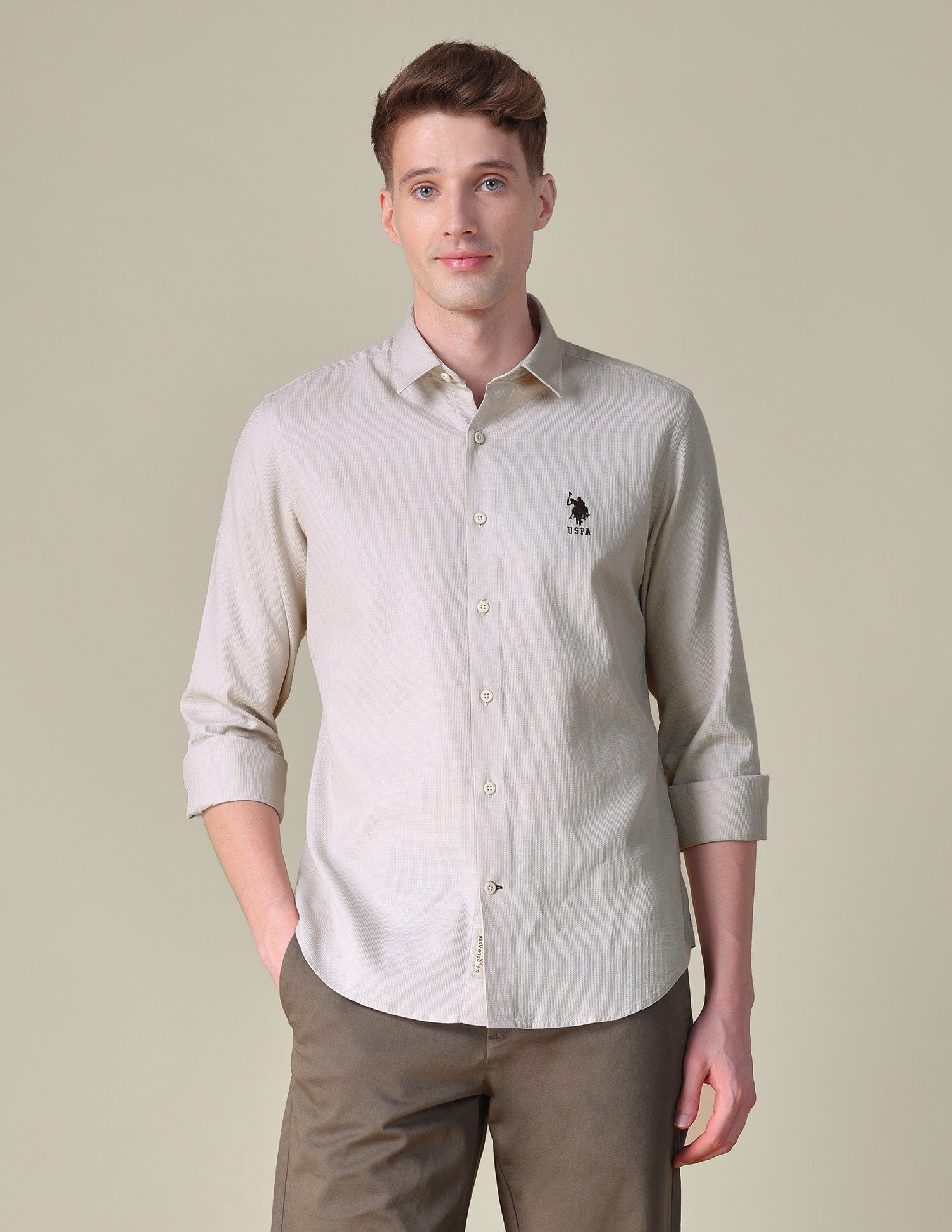 Dobby Regular Fit Shirt Ivory - U.S. POLO ASSN. | Large