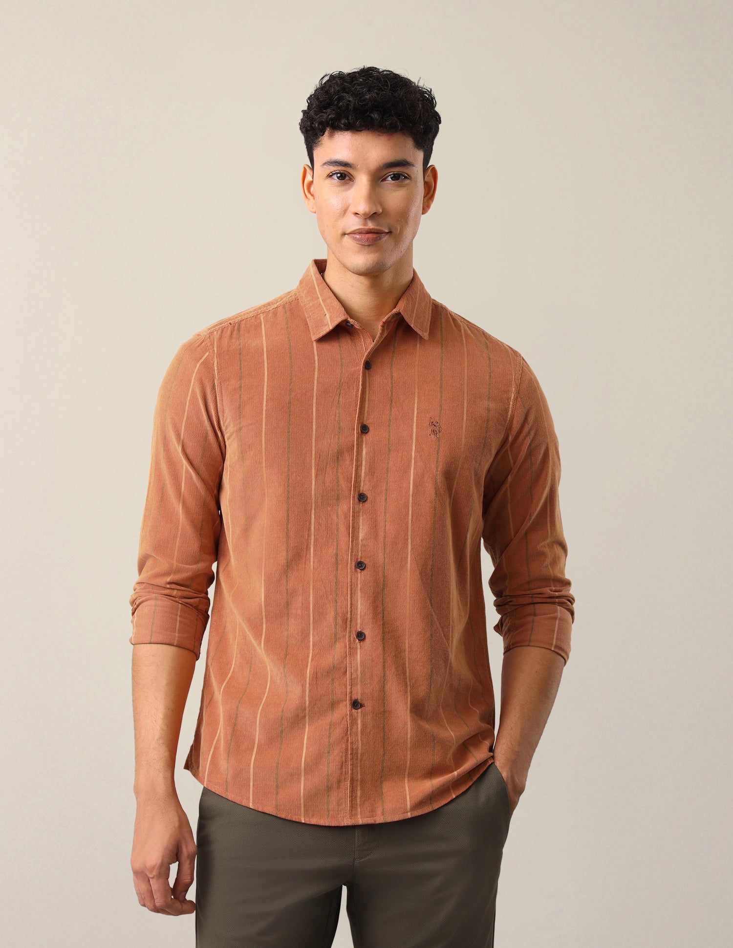 Corduroy Vertical Striped Shirt Orange - U.S. Polo Assn. India | Large