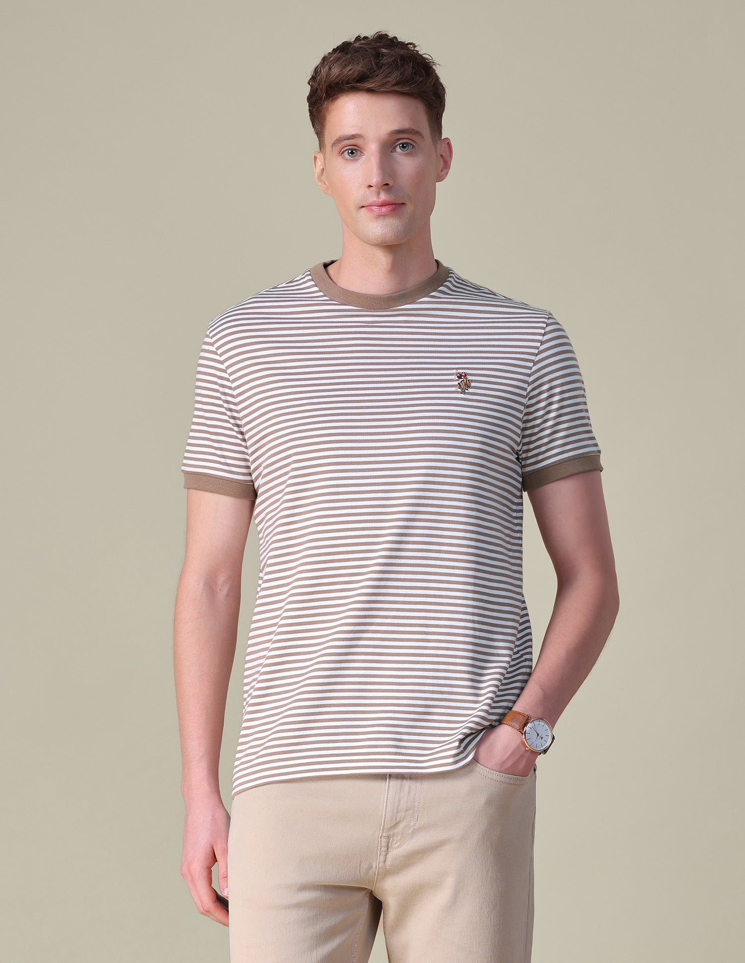 Horizontal Striped Slim Fit T-Shirt Light Brown - U.S. POLO ASSN. | Large
