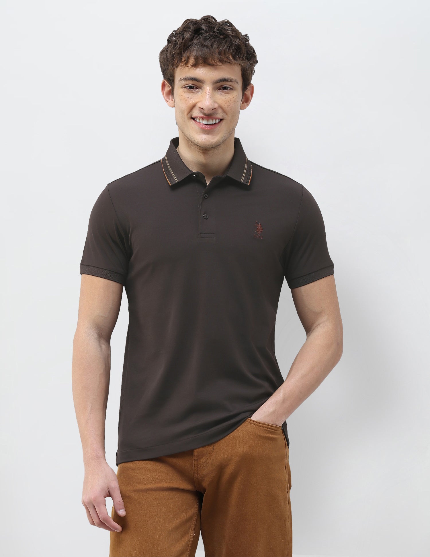 Solid Slim Fit Polo Shirt Dark Brown - U.S. Polo Assn. India | Large