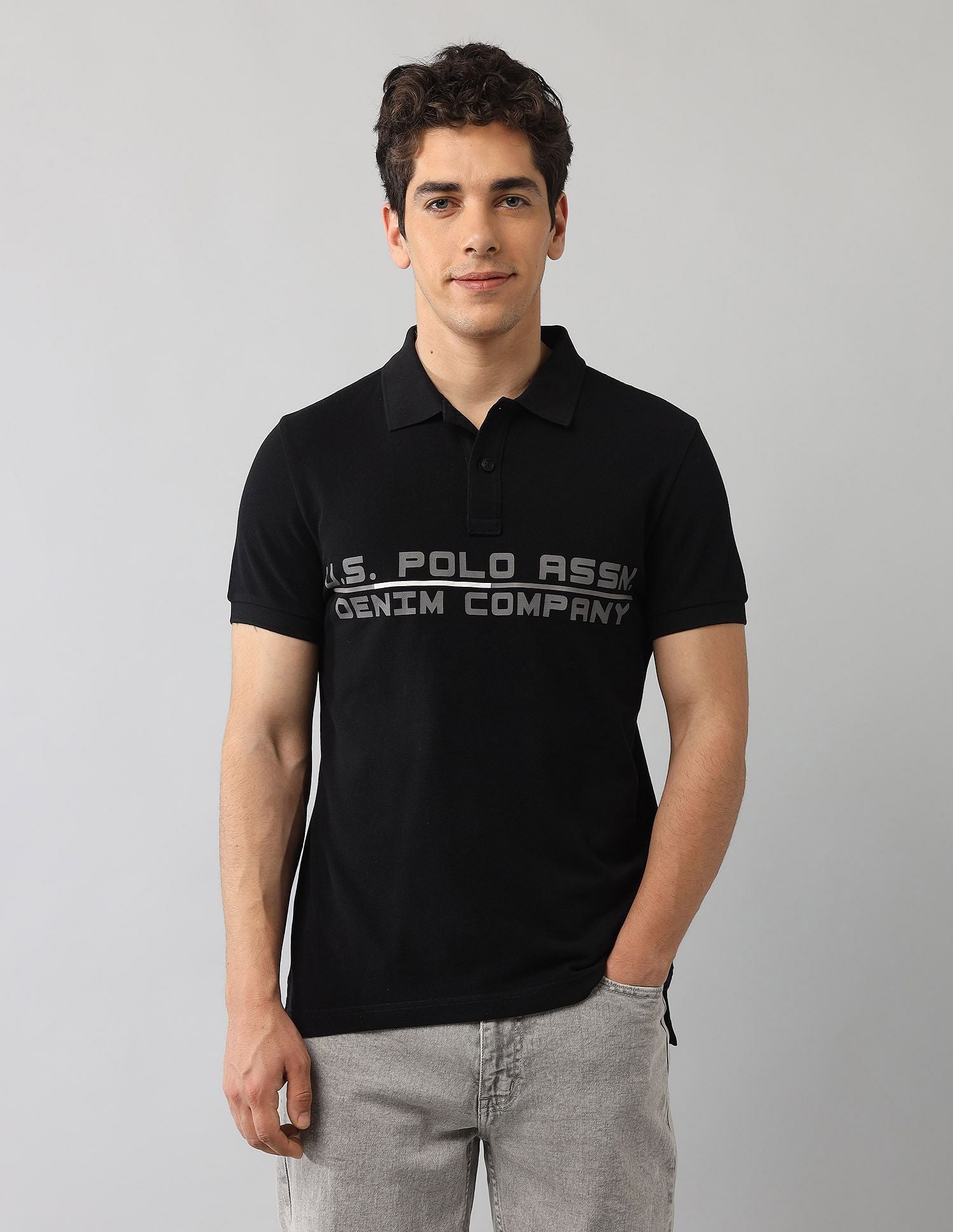 Muscle Fit Brand Printed Polo Shirt Black - U.S. Polo Assn. India | Large
