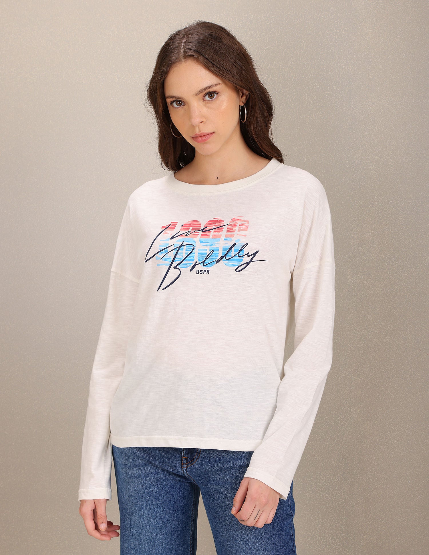 Long Sleeve Typography Print T-Shirt Off White - U.S. POLO ASSN. | Large