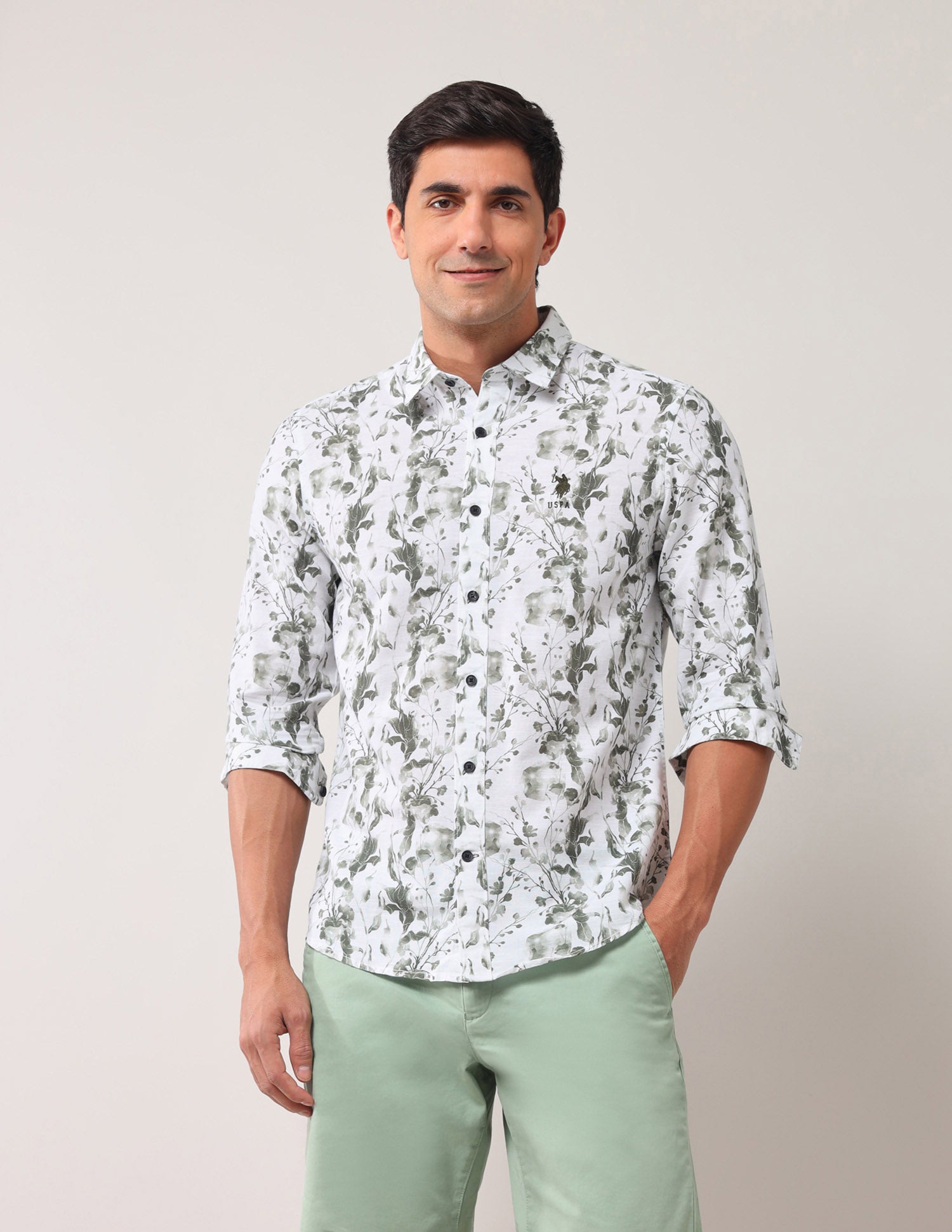 Regular Fit Floral Printed Shirt Olive - U.S. POLO ASSN. | Large